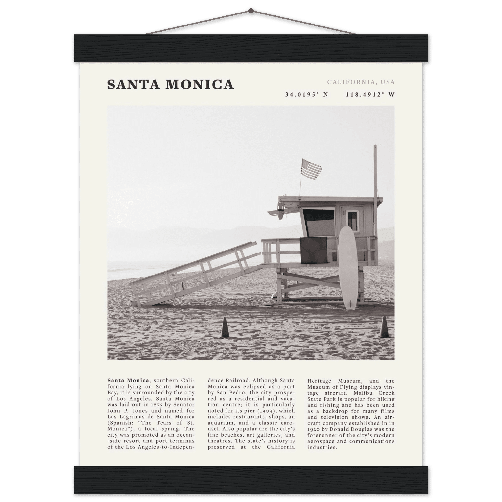Santa Monica Poster | Black & White California Wall Art | Beach Travel Print | Coastal Decor - Evergreen Posters