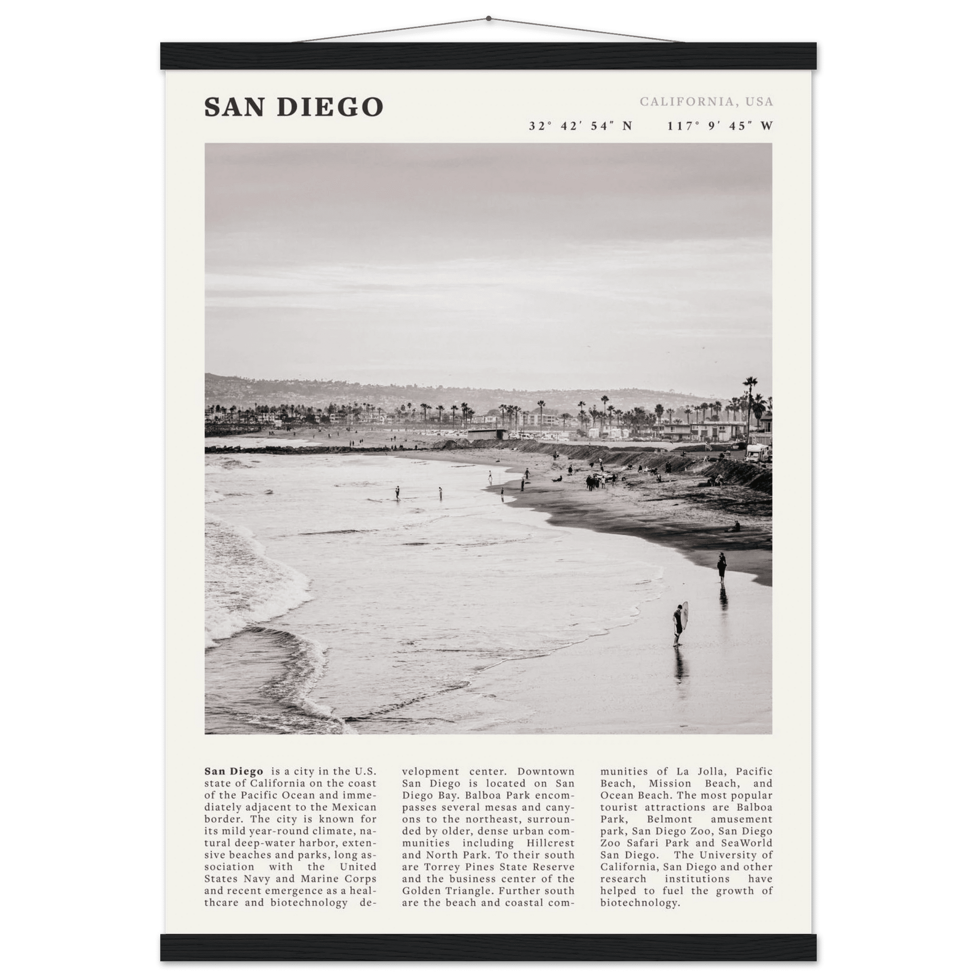 San Diego Poster | Black & White California Beach Wall Art | Coastal Travel Print Decor - Evergreen Posters
