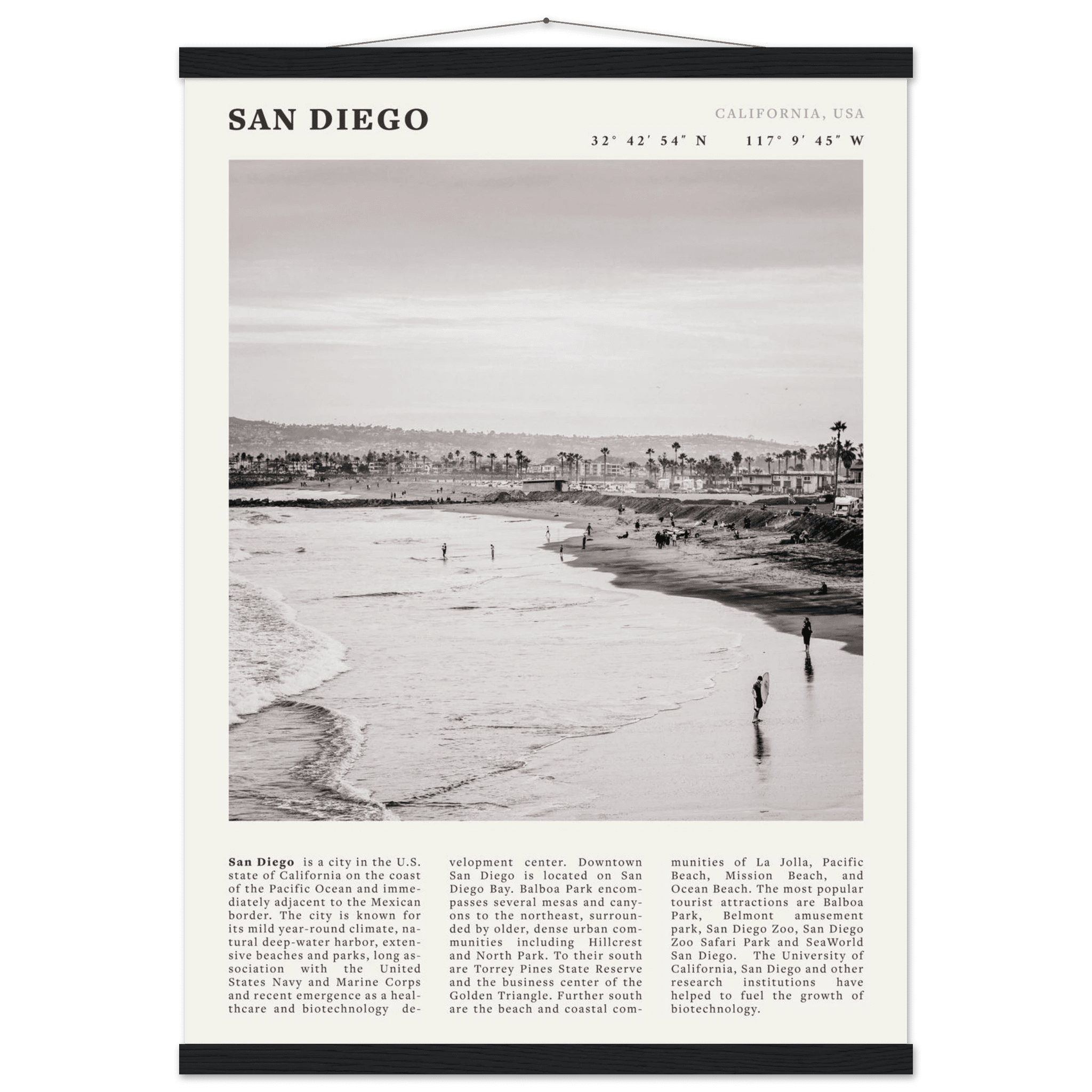 San Diego Poster | Black & White California Beach Wall Art | Coastal Travel Print Decor - Evergreen Posters