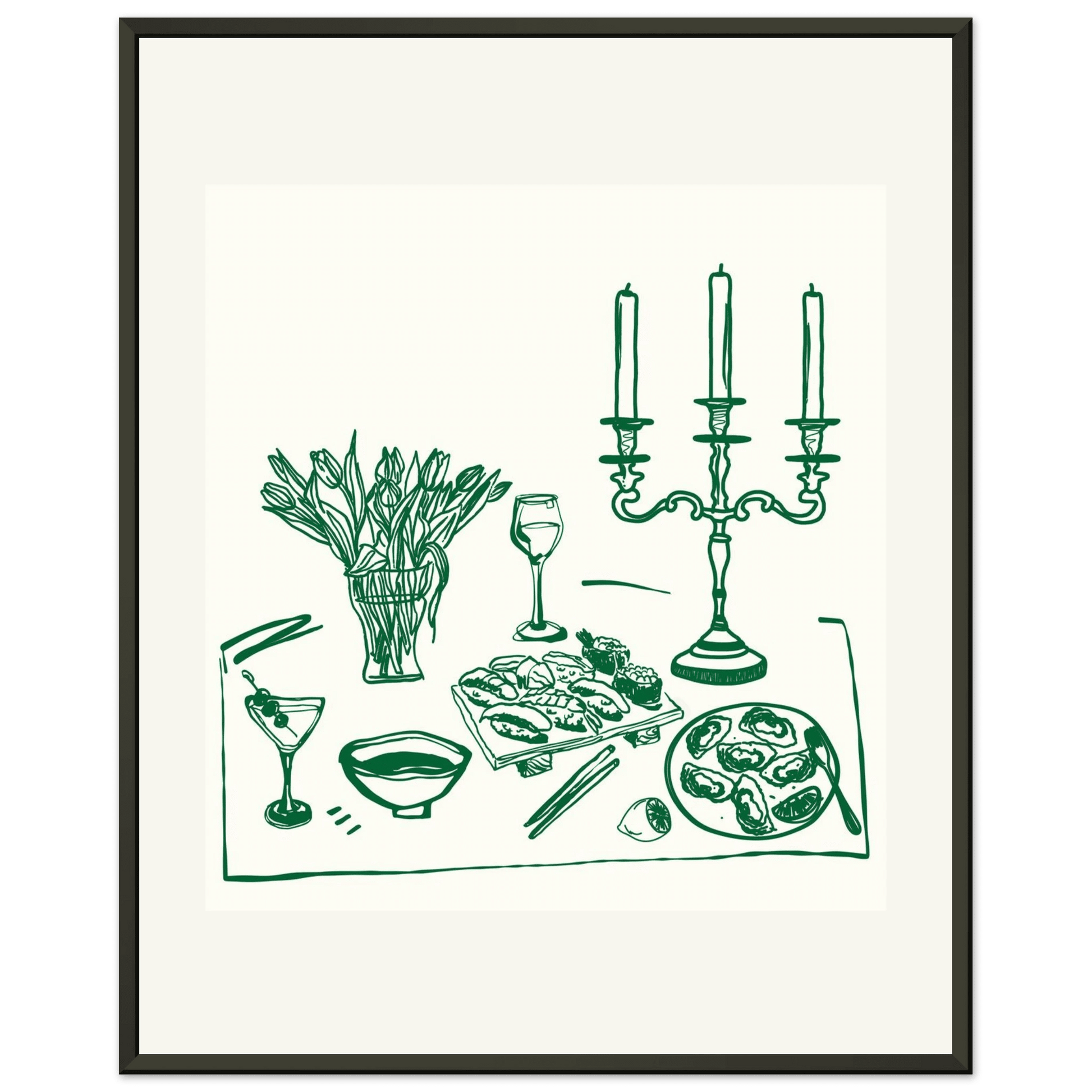 Fine Dining Table Print | Green Line Art Kitchen Wall Art | Elegant Dining Room Poster - Evergreen Posters