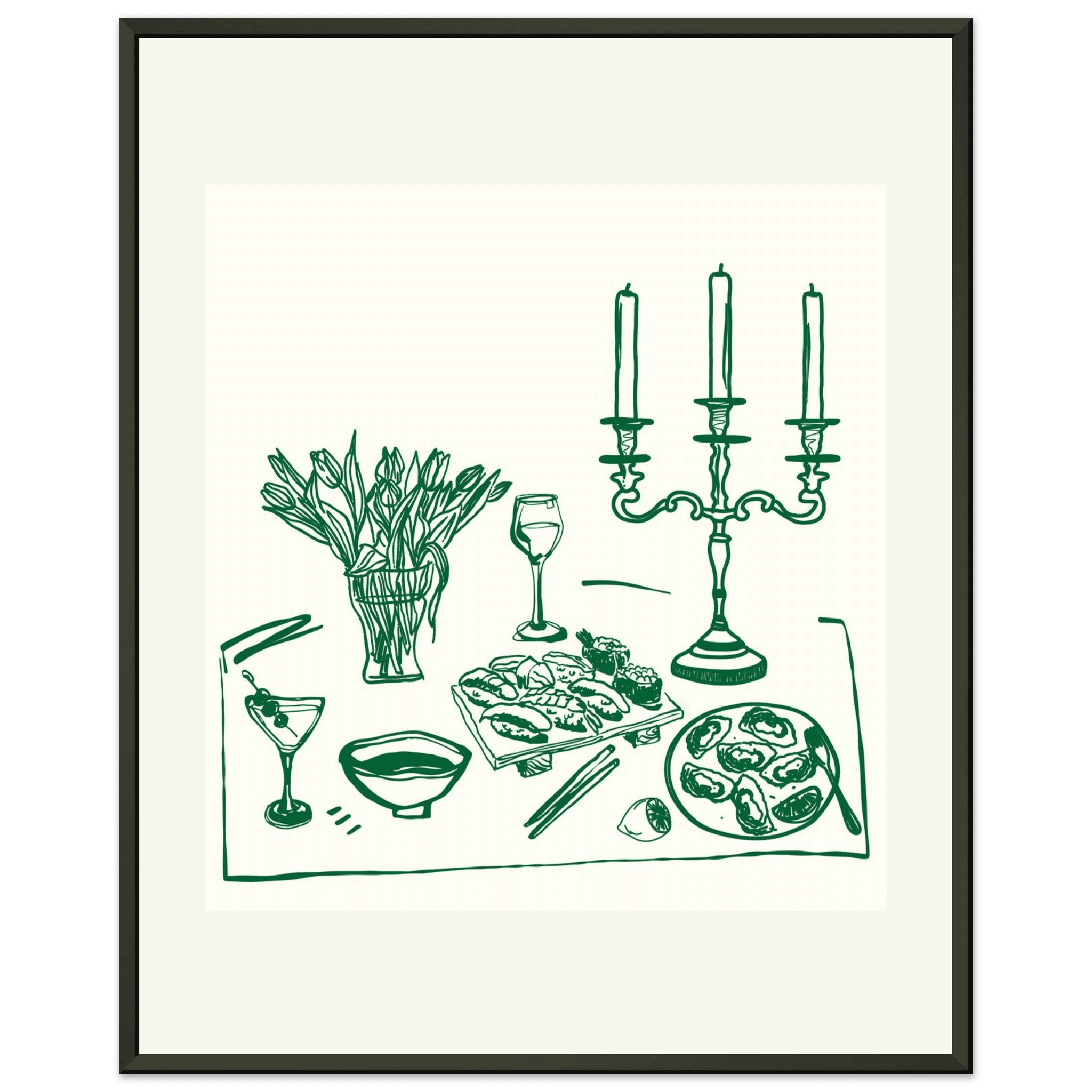 Fine Dining Table Print | Green Line Art Kitchen Wall Art | Elegant Dining Room Poster - Evergreen Posters