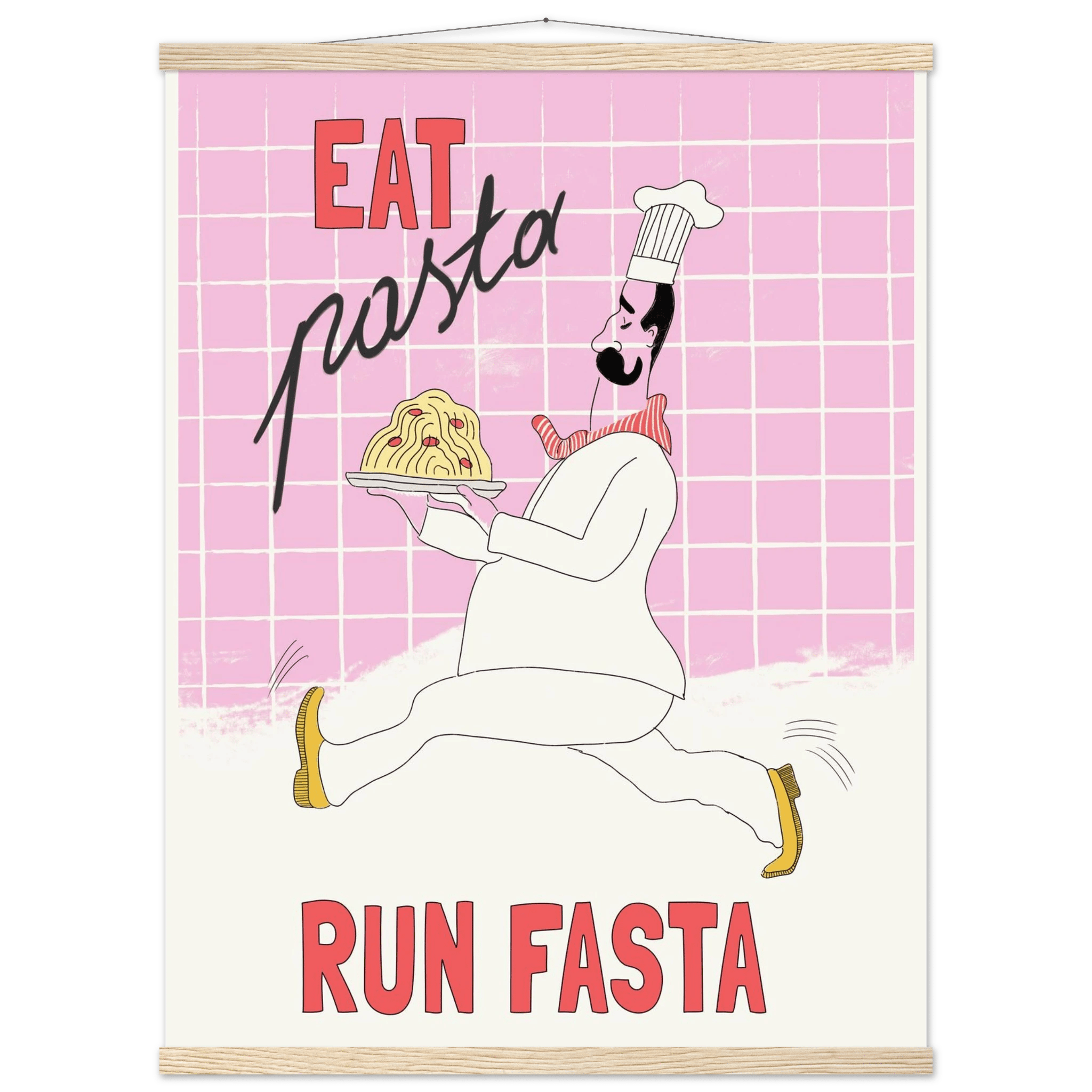 Eat Pasta Run Fasta Poster – Playful Kitchen Wall Art Print (Light Pink) - Evergreen Posters