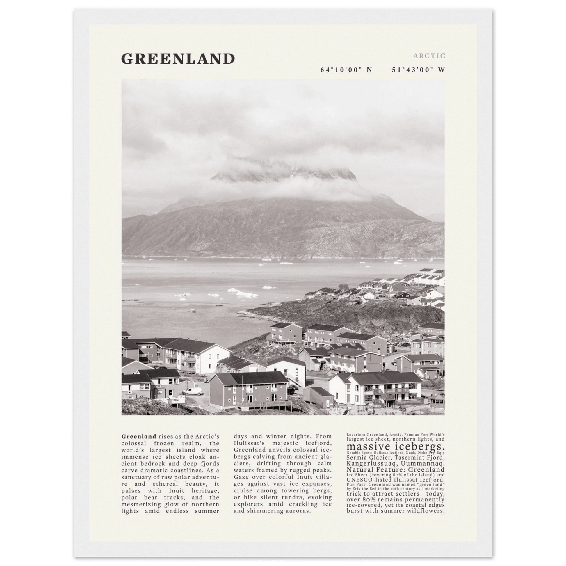Greenland Poster Black and White – Vintage Arctic Fjord Landscape Print (Digital & Printed Options) - Evergreen Posters