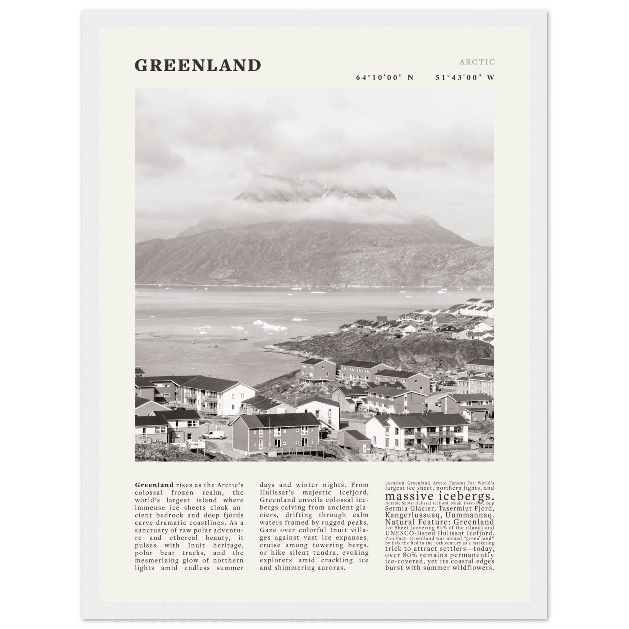 Greenland Poster Black and White – Vintage Arctic Fjord Landscape Print (Digital & Printed Options) - Evergreen Posters