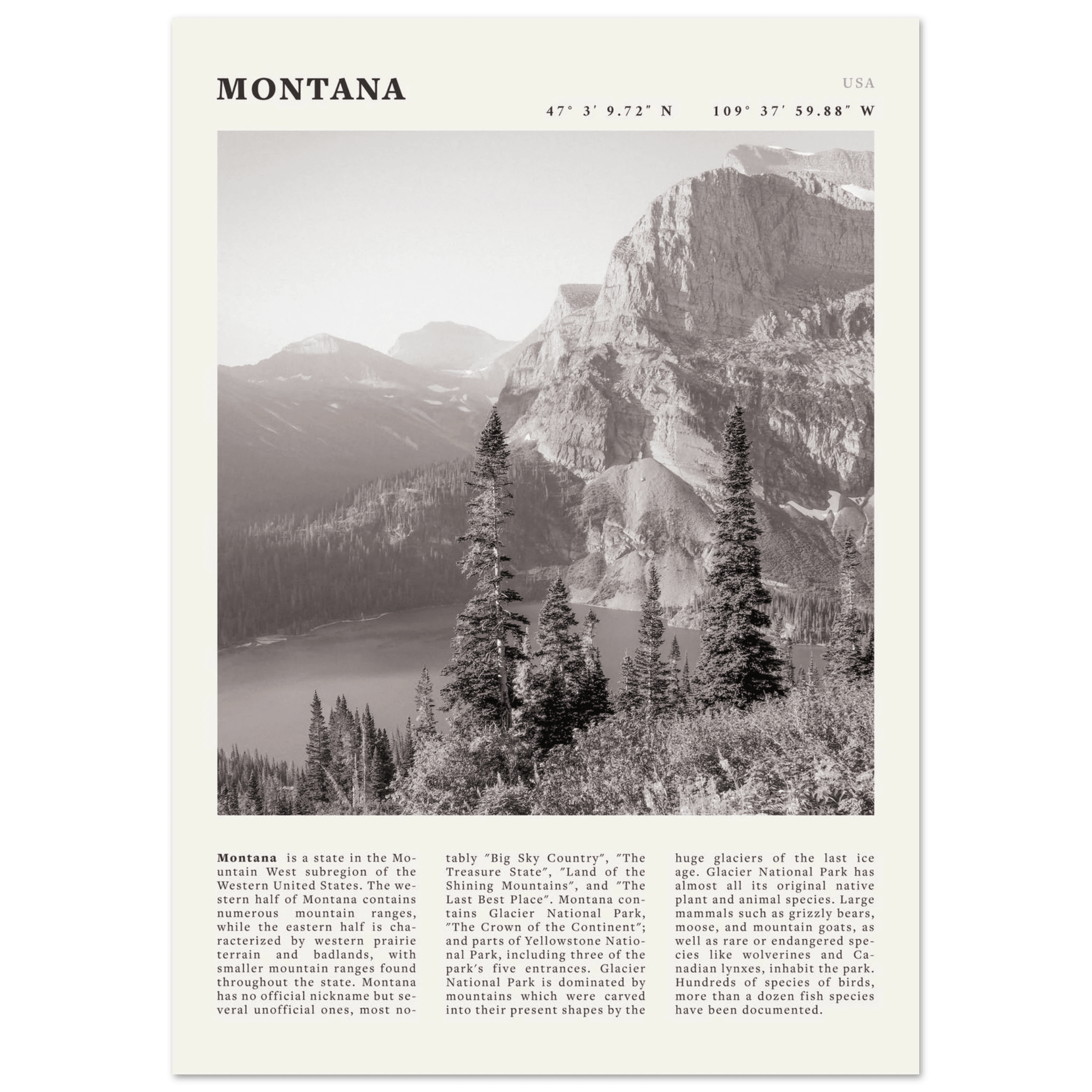 Montana Poster | Black & White Glacier National Park Wall Art | Nature Travel Print - Evergreen Posters
