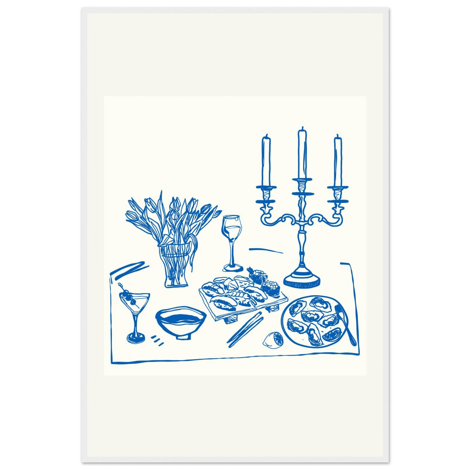Fine Dining Table Print | Blue Line Art Kitchen Wall Art | Elegant Dining Room Poster - Evergreen Posters