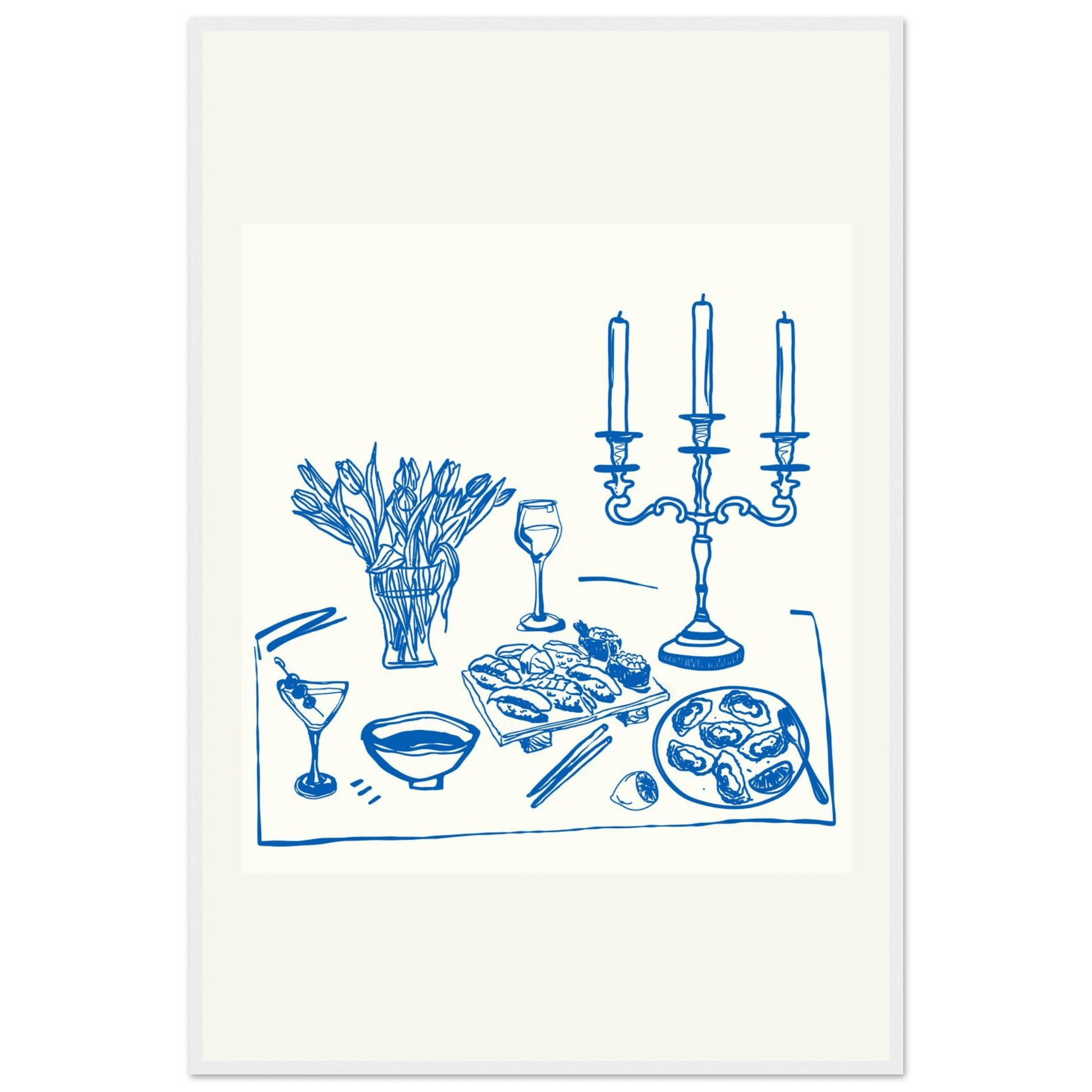 Fine Dining Table Print | Blue Line Art Kitchen Wall Art | Elegant Dining Room Poster - Evergreen Posters