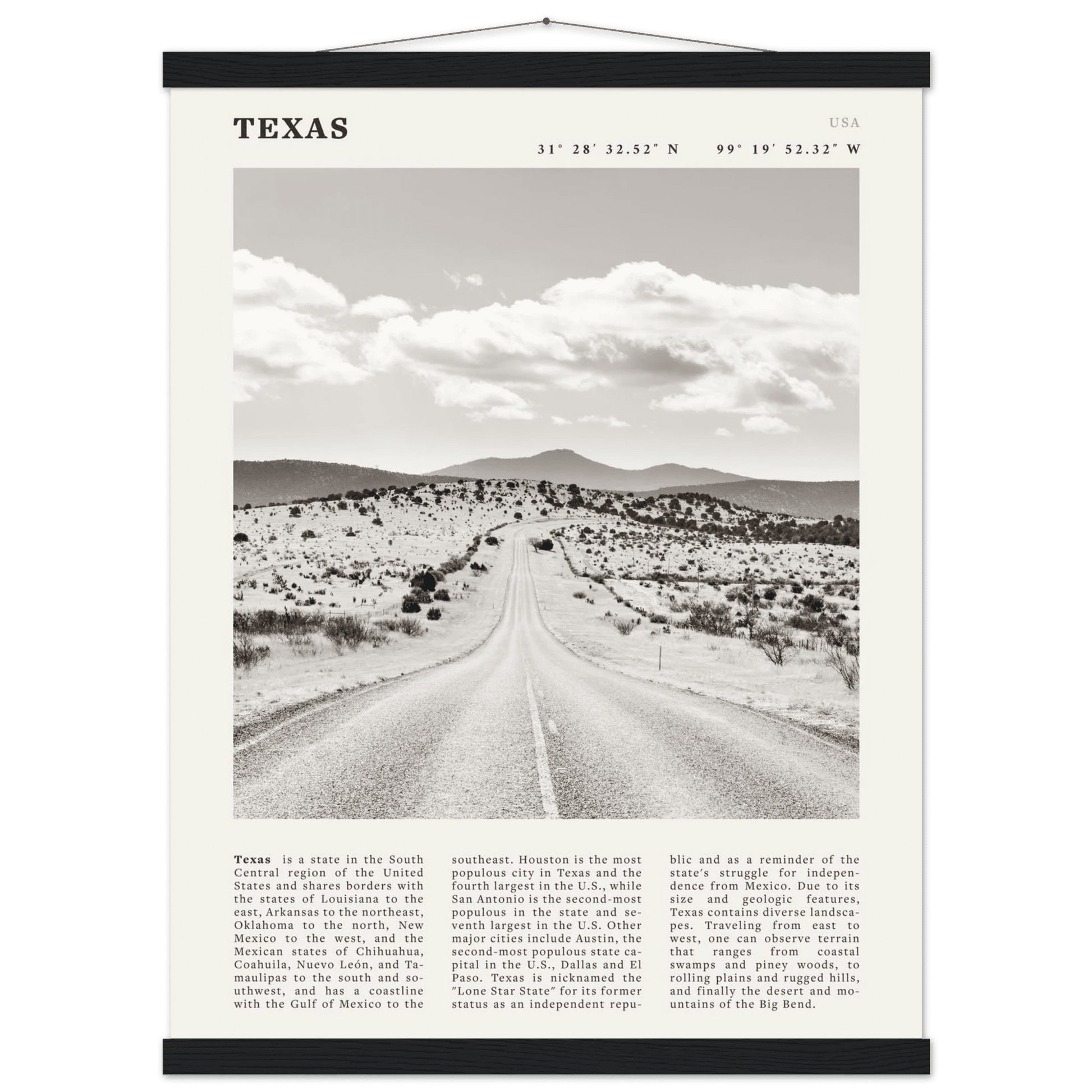 Texas Poster | Black & White Lone Star Road Wall Art | USA Travel Print Decor - Evergreen Posters