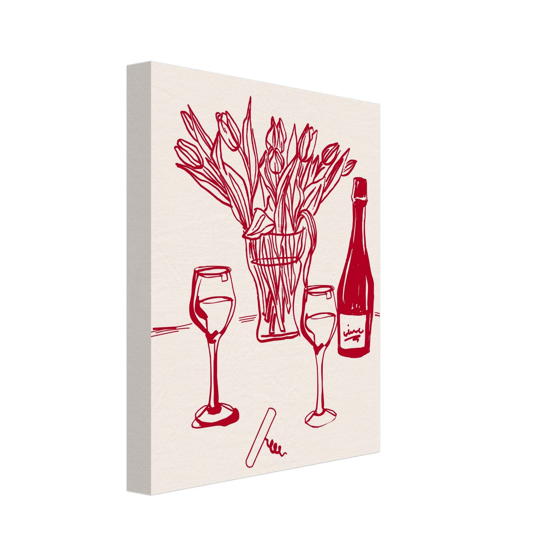 Red Wine & Tulips Print | Line Art Wine Bottle Wall Art | Kitchen Poster - Evergreen Posters