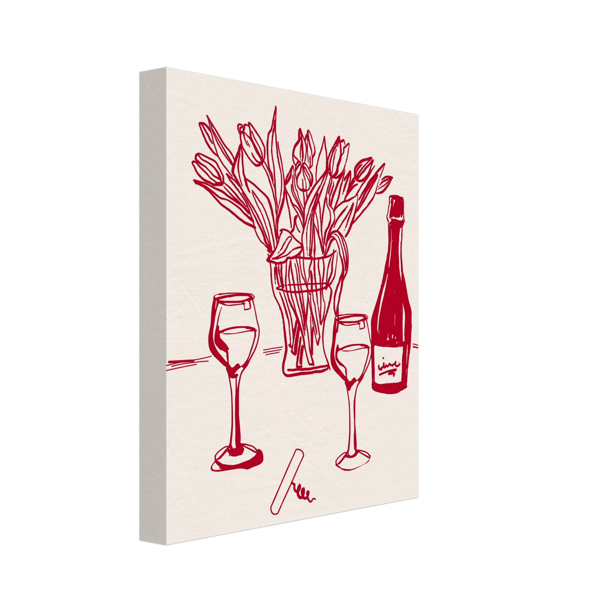 Red Wine & Tulips Print | Line Art Wine Bottle Wall Art | Kitchen Poster - Evergreen Posters