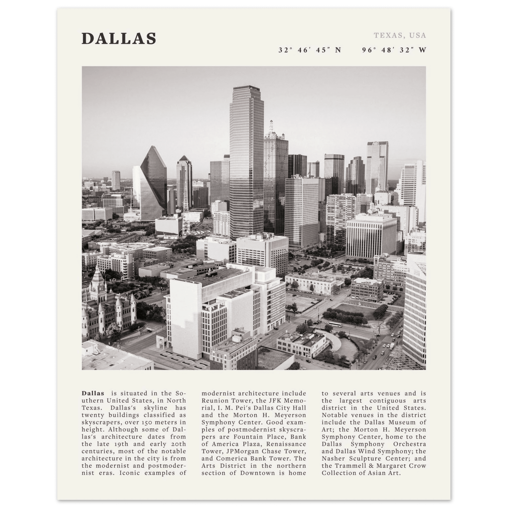 Dallas Poster | Black & White Texas Skyline Wall Art | City Travel Print Decor - Evergreen Posters