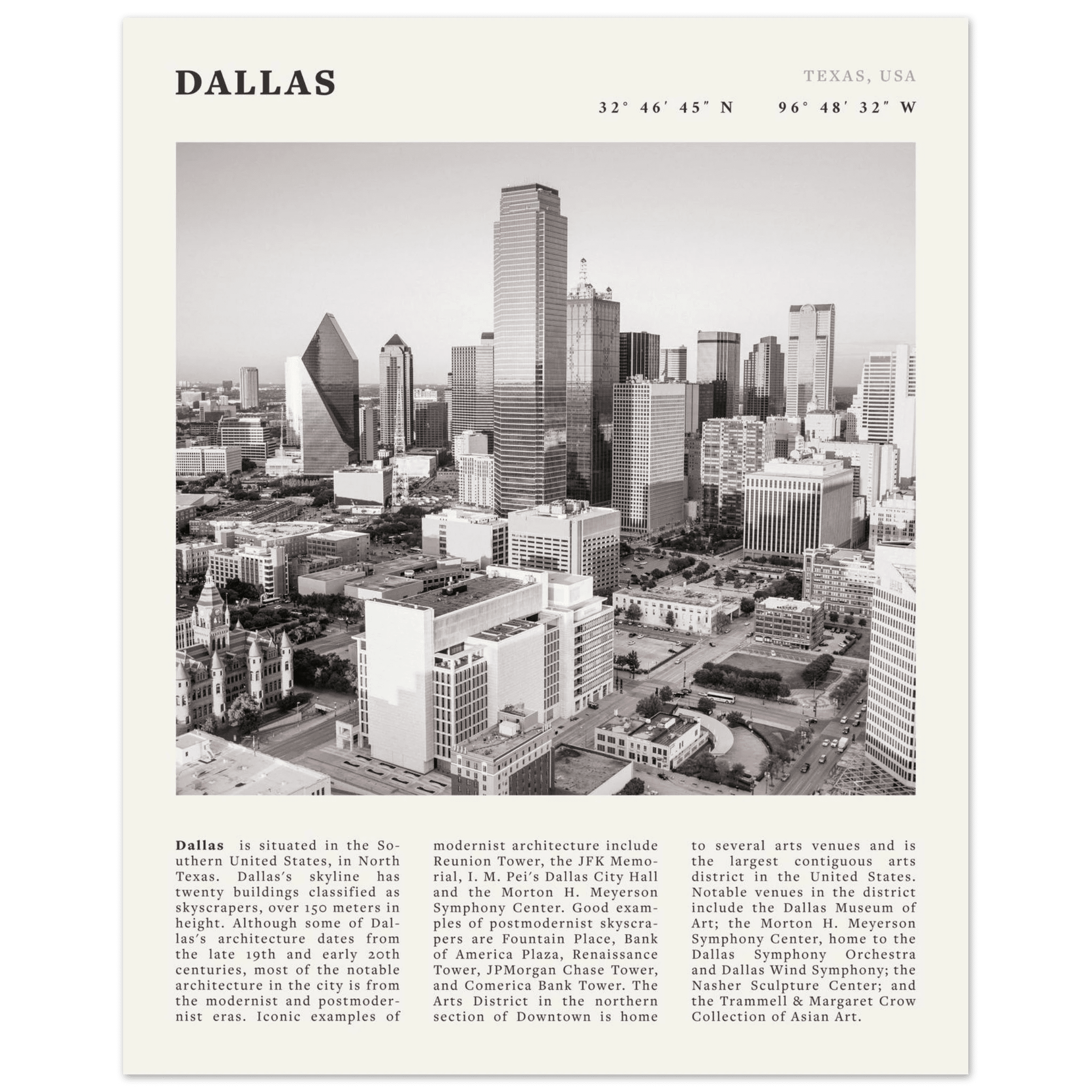 Dallas Poster | Black & White Texas Skyline Wall Art | City Travel Print Decor - Evergreen Posters