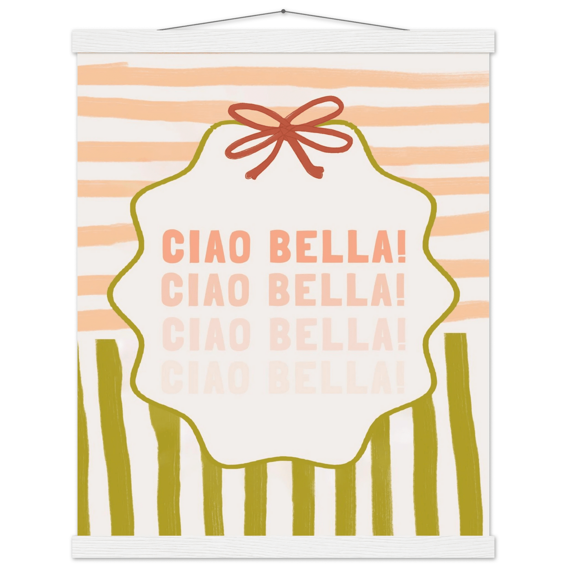Ciao Bella Poster | Italian Typography Wall Art | Retro Stripe Bow Print | Cute Room Decor - Evergreen Posters