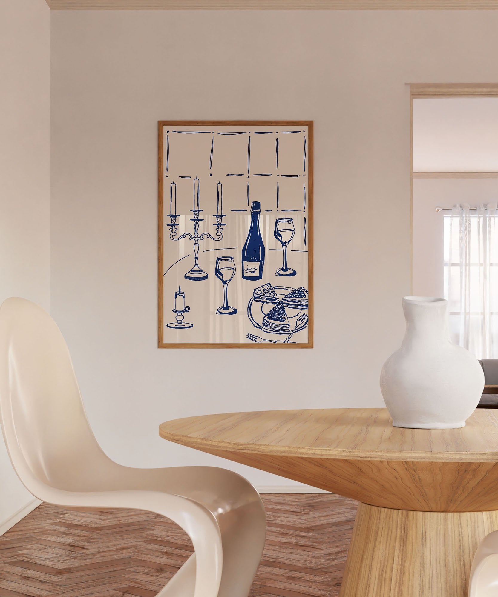 Candlelight Dinner Print | Navy Blue Wine & Candelabra Line Art | Kitchen Poster - Evergreen Posters