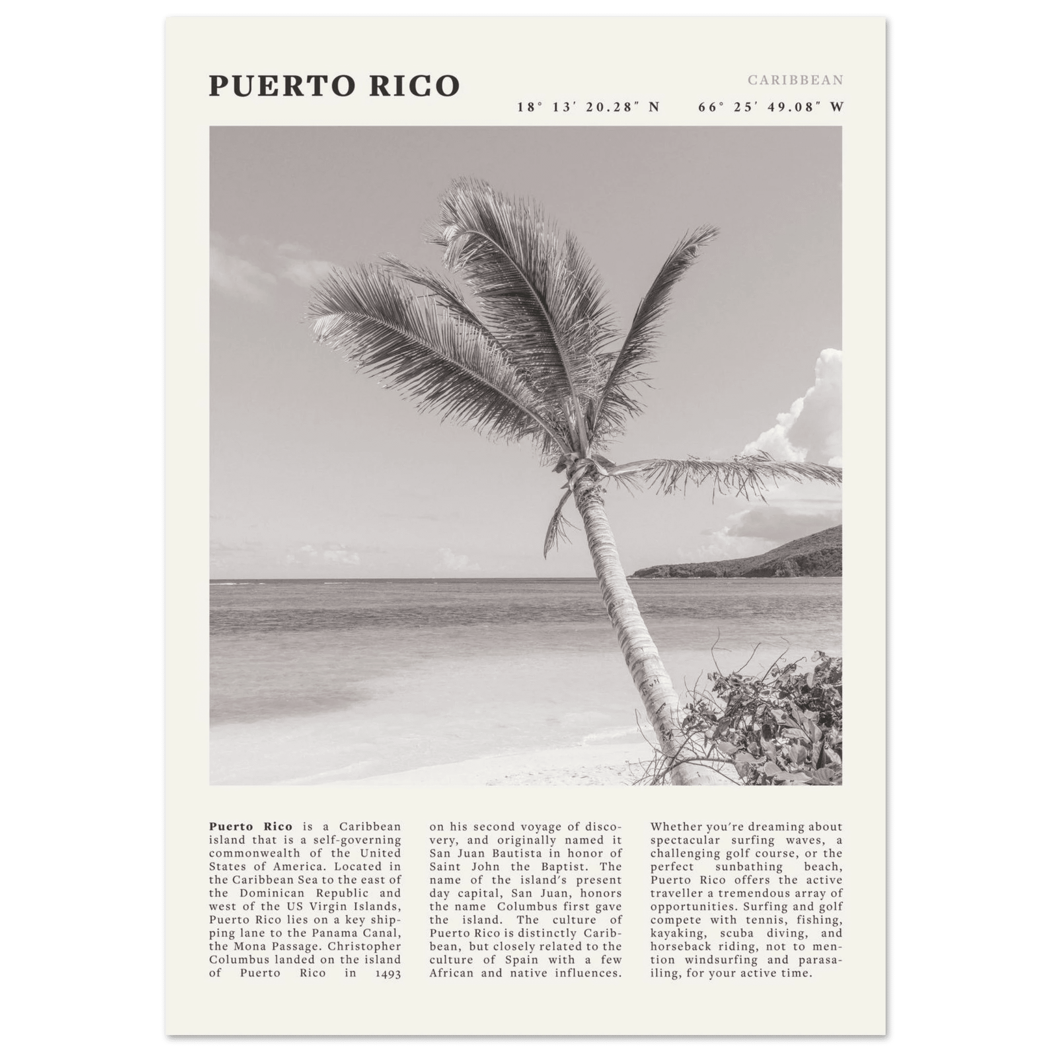 Puerto Rico Poster Black and White – Vintage Caribbean Palm Beach Print (Digital & Printed Options) - Evergreen Posters