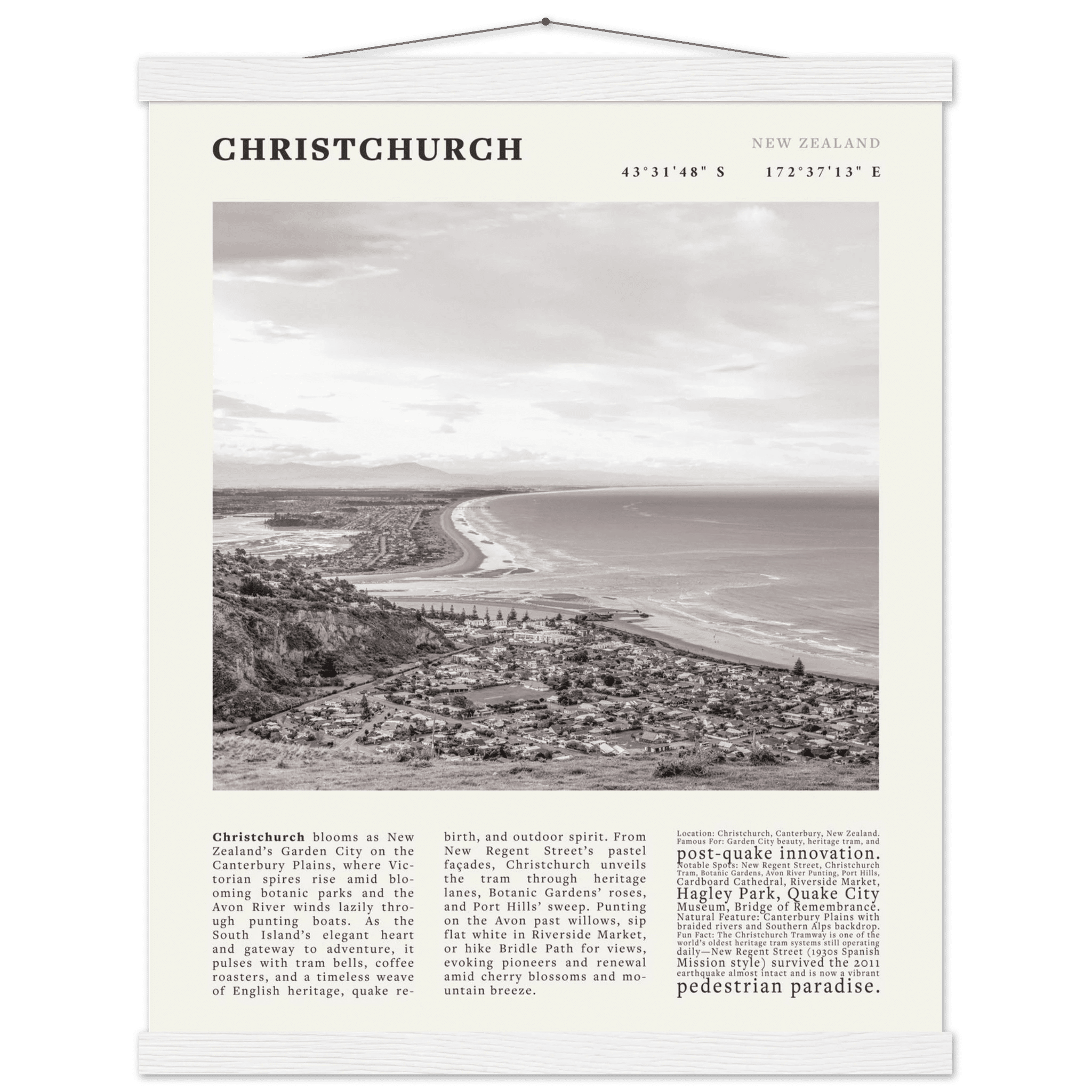 Christchurch New Zealand Poster Black and White – Vintage Garden City Panorama Print - Evergreen Posters