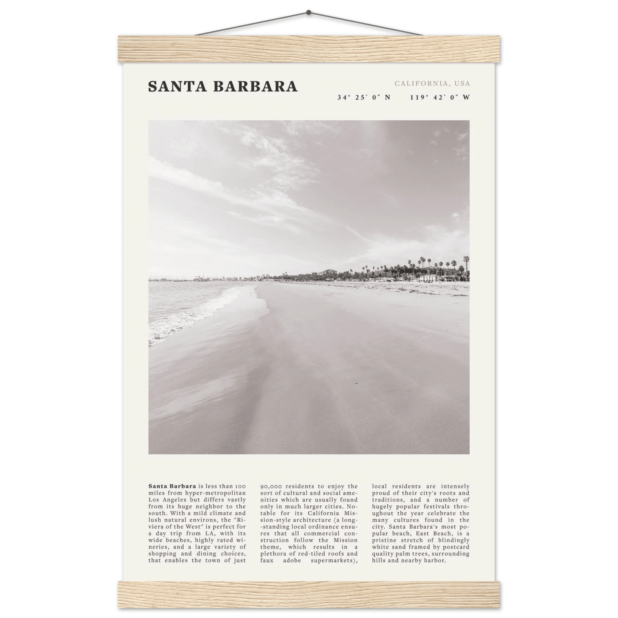 Santa Barbara Poster | Black & White California Beach Wall Art | CA Travel Print - Evergreen Posters