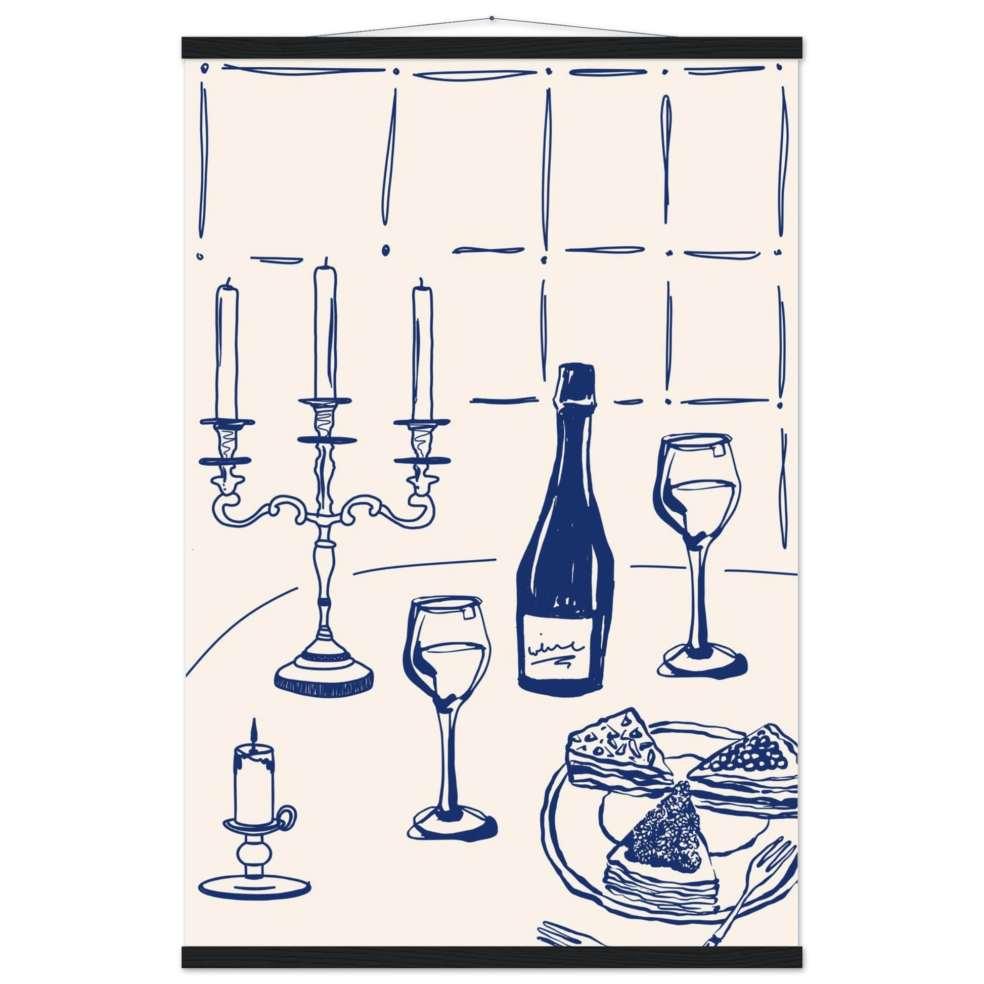 Candlelight Dinner Print | Navy Blue Wine & Candelabra Line Art | Kitchen Poster - Evergreen Posters