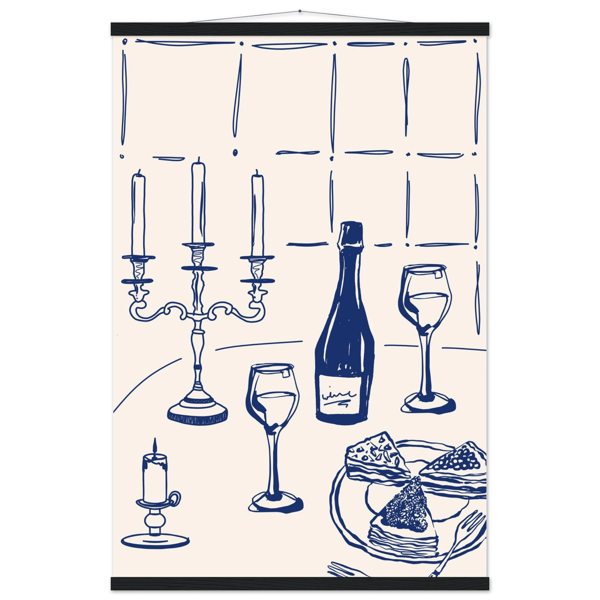 Candlelight Dinner Print | Navy Blue Wine & Candelabra Line Art | Kitchen Poster - Evergreen Posters