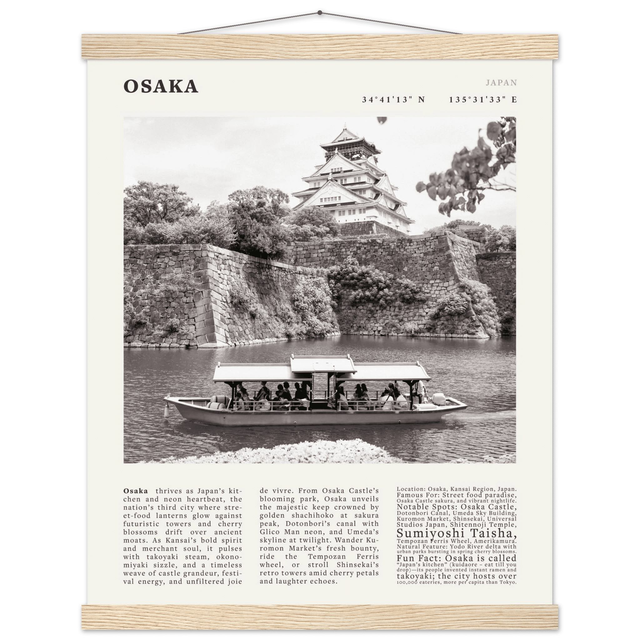Osaka Poster Black and White – Vintage Osaka Castle Cherry Blossom Print (Digital & Printed Options) - Evergreen Posters