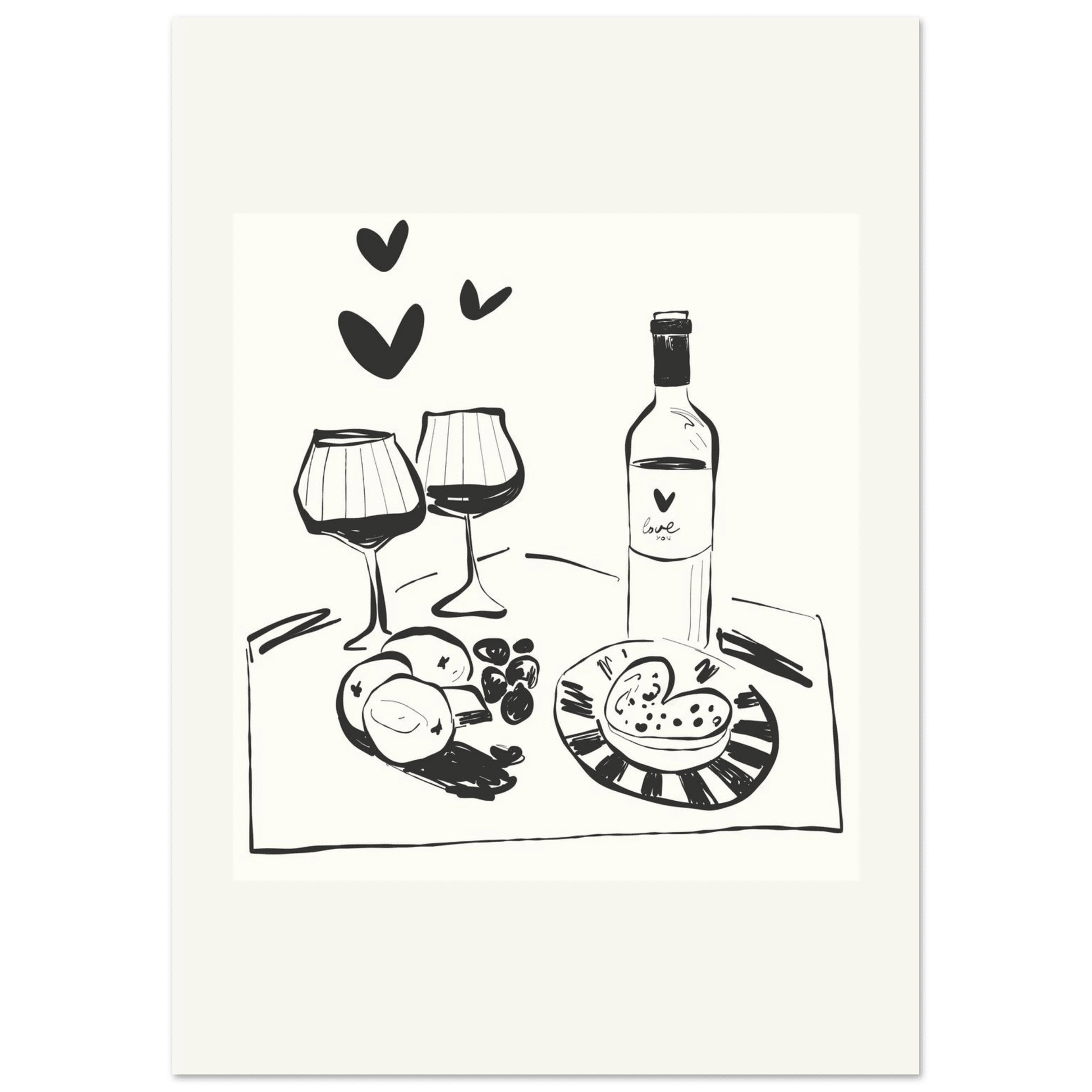 Wine for Two Print | Black Line Art Romantic Kitchen Wall Art | Couples Poster - Evergreen Posters