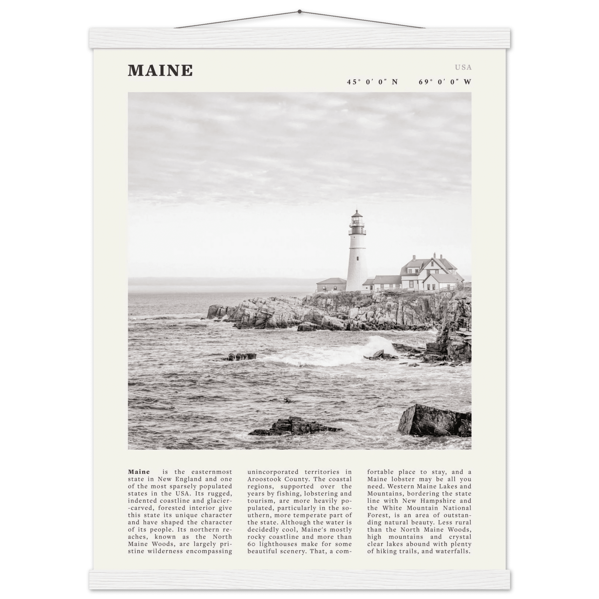 Maine Poster | Black & White Lighthouse Wall Art | New England Coastal Travel Print - Evergreen Posters