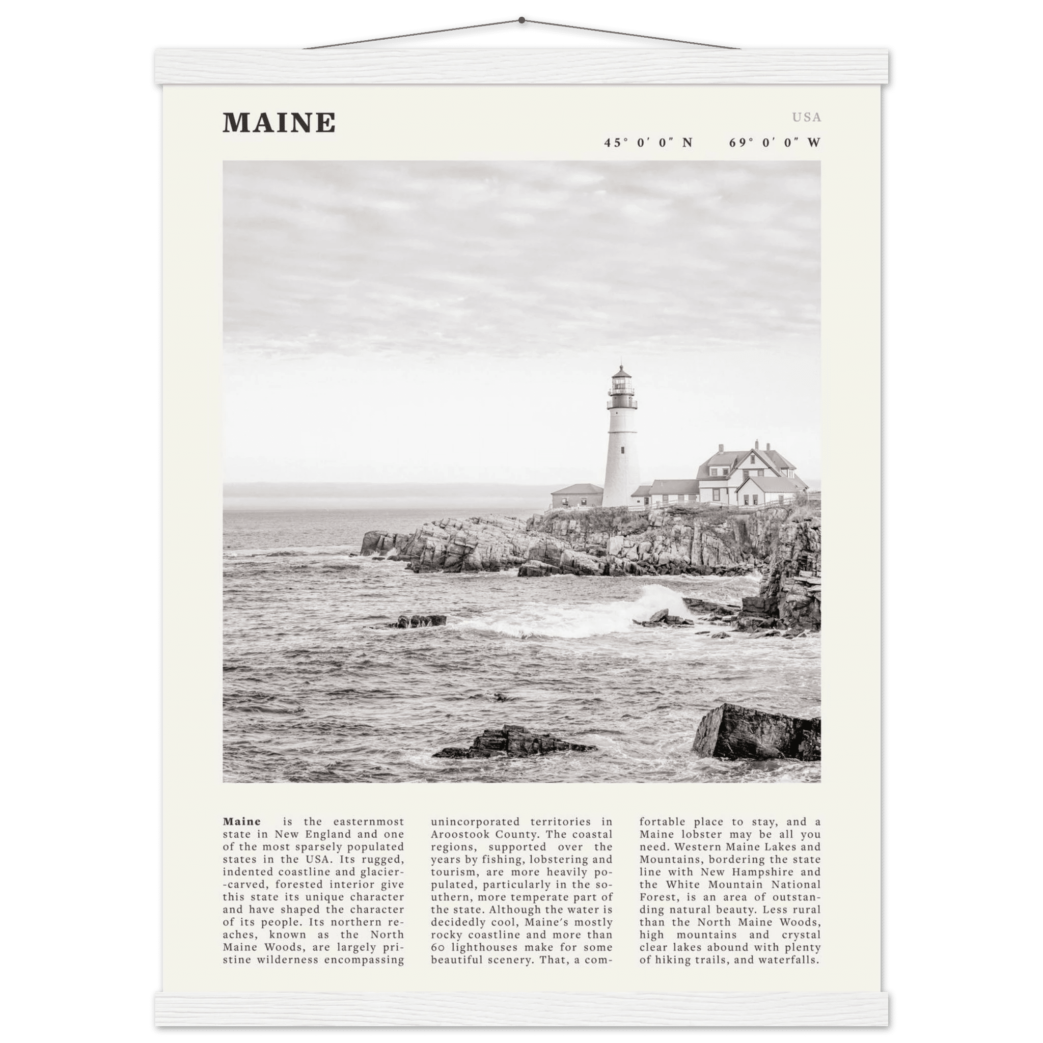 Maine Poster | Black & White Lighthouse Wall Art | New England Coastal Travel Print - Evergreen Posters