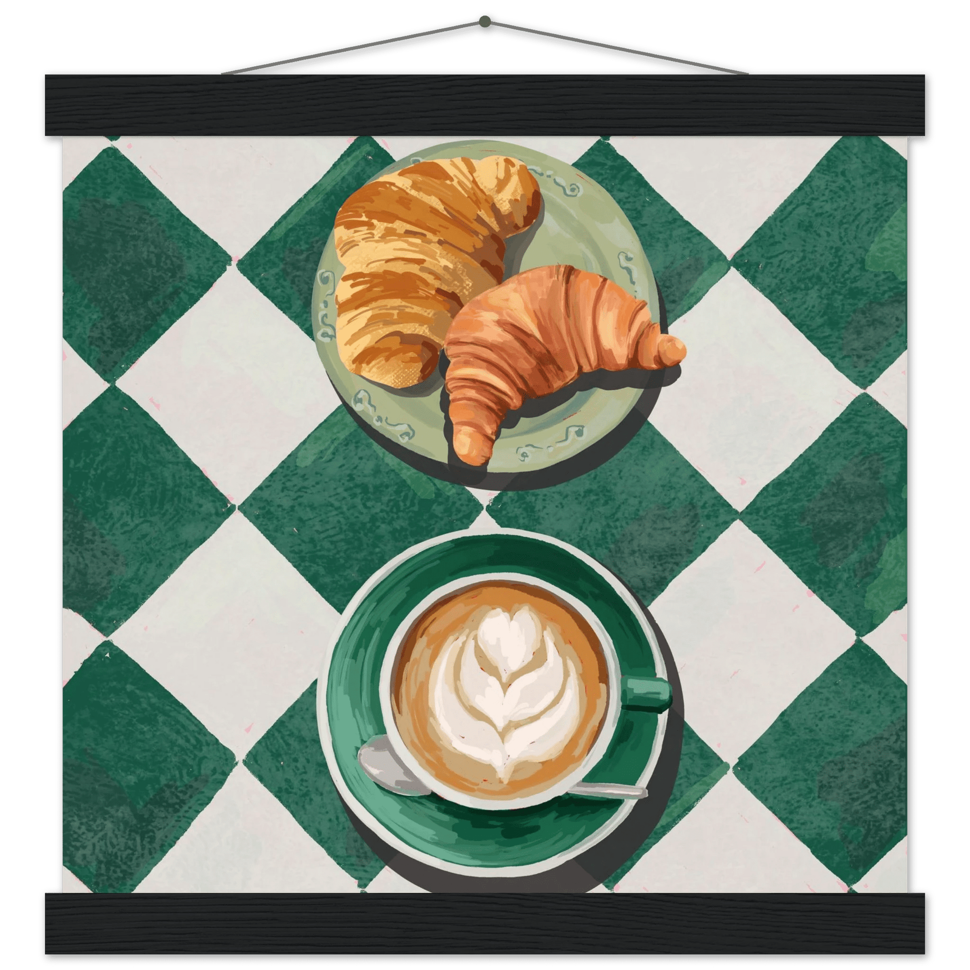 Croissant & Latte Poster | Classic Kitchen Wall Art | Green Tile Square Breakfast Print - Evergreen Posters - 32