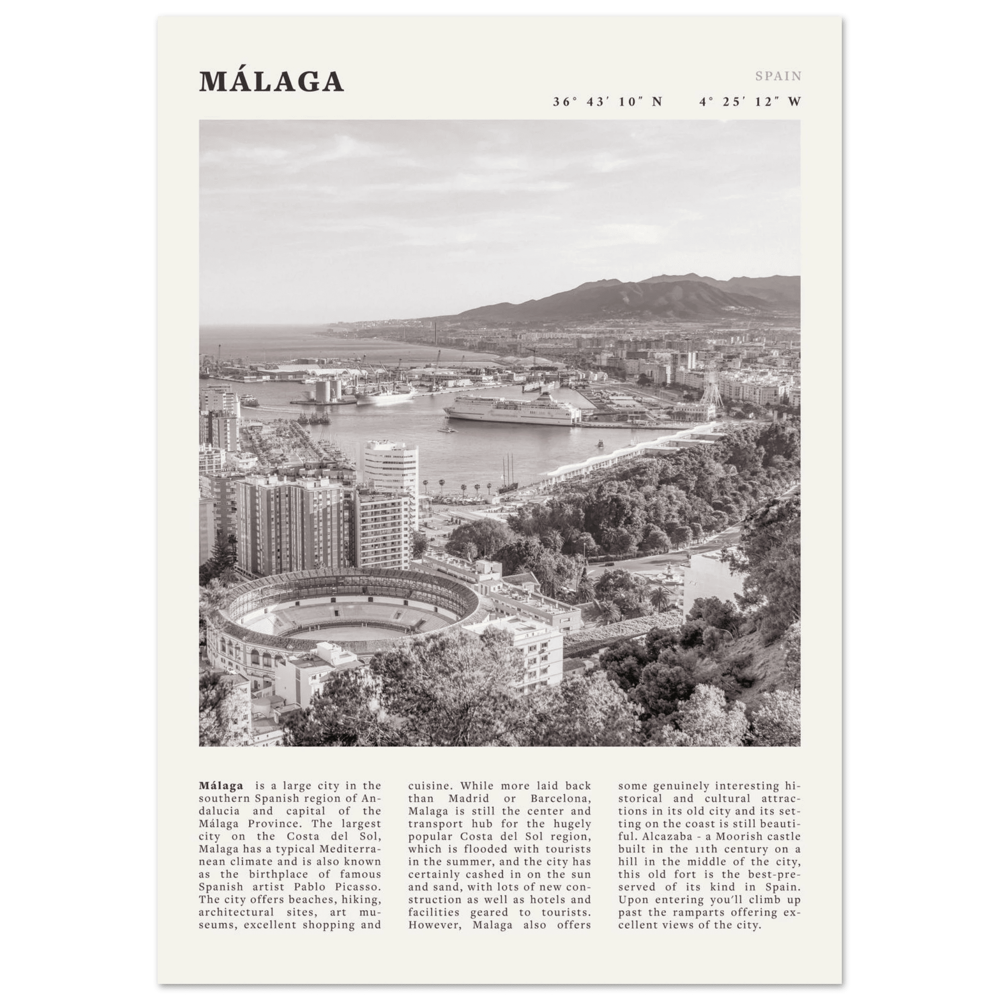 Málaga Poster | Black & White Costa del Sol Wall Art | Spain Travel Print - Evergreen Posters