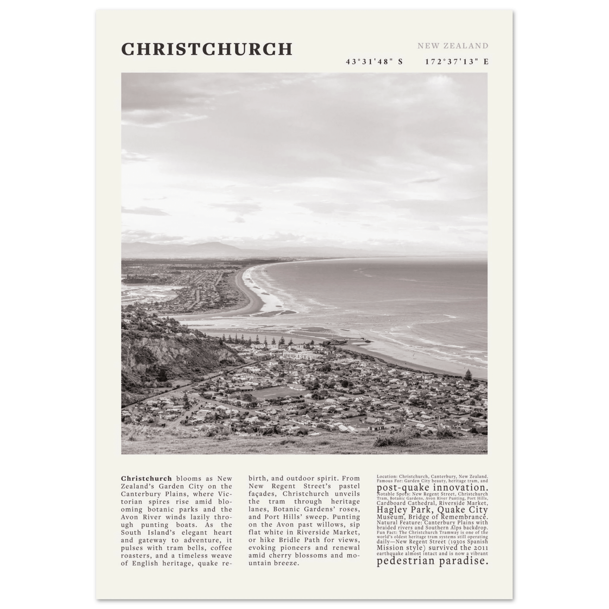 Christchurch New Zealand Poster Black and White – Vintage Garden City Panorama Print - Evergreen Posters