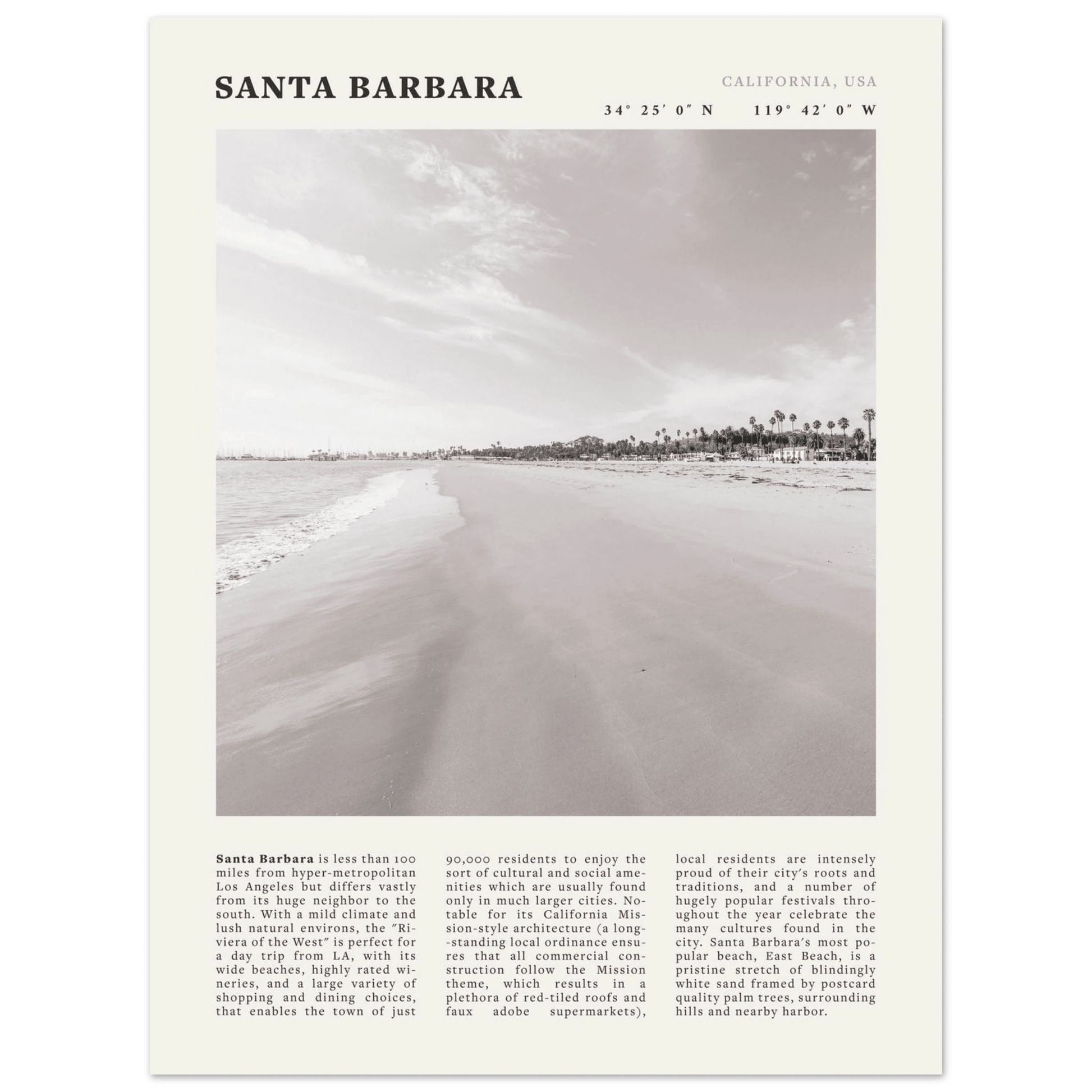 Santa Barbara Poster | Black & White California Beach Wall Art | CA Travel Print - Evergreen Posters