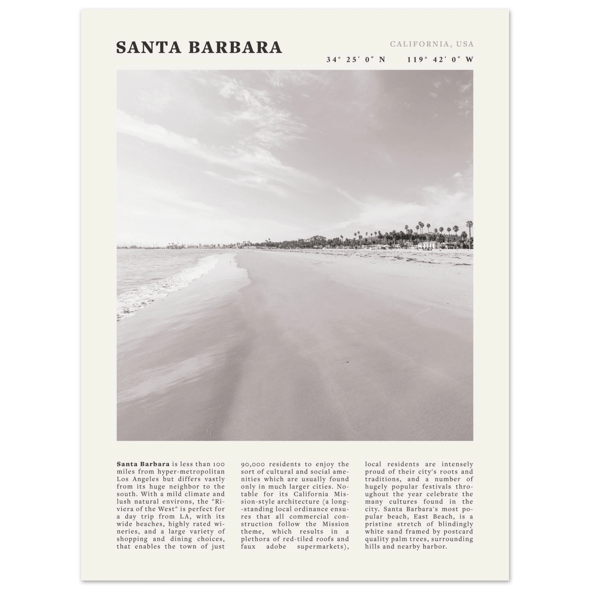 Santa Barbara Poster | Black & White California Beach Wall Art | CA Travel Print - Evergreen Posters