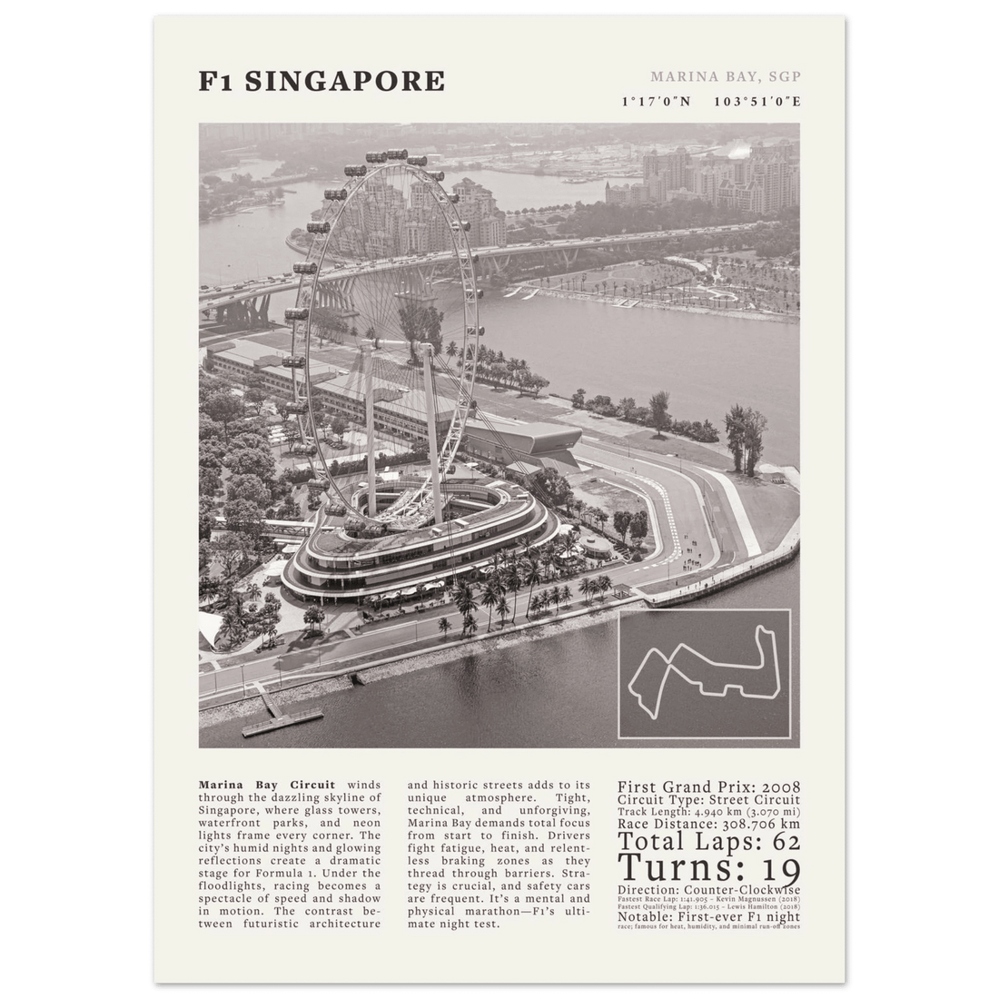 F1 Singapore Poster Black and White – Vintage Marina Bay Night Race Print (Digital & Printed Options) - Evergreen Posters