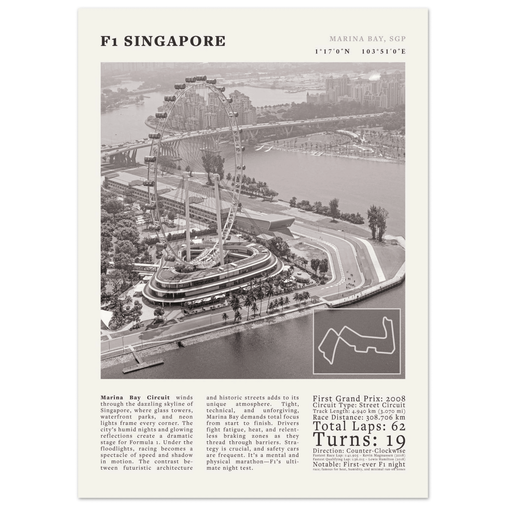 F1 Singapore Poster Black and White – Vintage Marina Bay Night Race Print (Digital & Printed Options) - Evergreen Posters