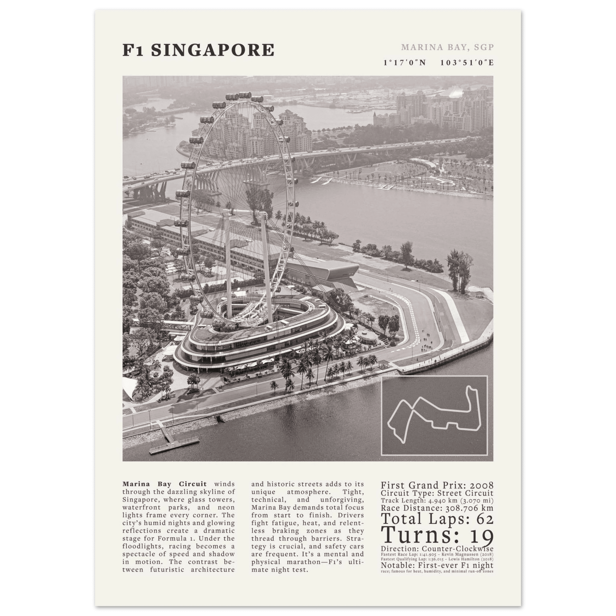 F1 Singapore Poster Black and White – Vintage Marina Bay Night Race Print (Digital & Printed Options) - Evergreen Posters