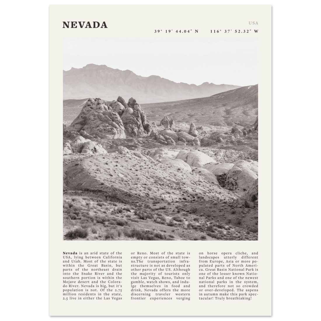 Nevada Poster | Black & White Desert Landscape Wall Art | USA Travel Print Decor - Evergreen Posters
