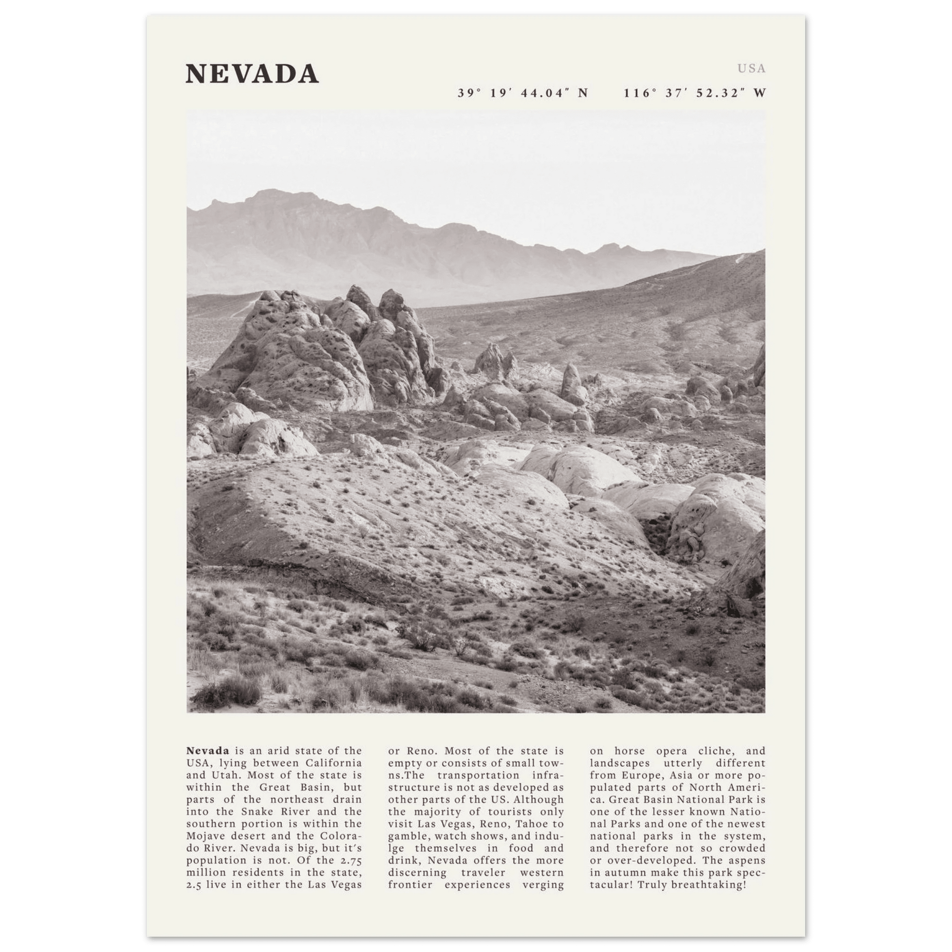 Nevada Poster | Black & White Desert Landscape Wall Art | USA Travel Print Decor - Evergreen Posters