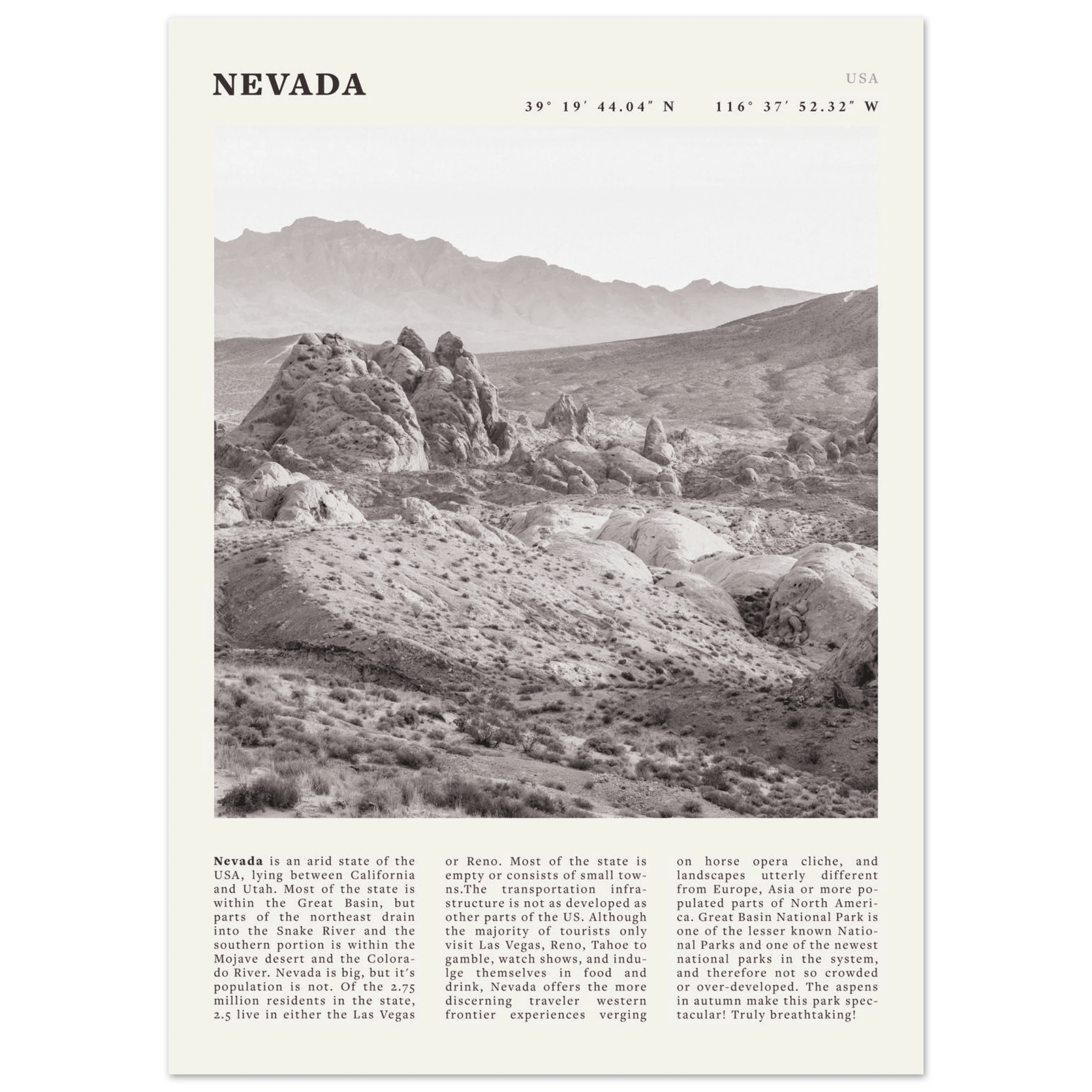 Nevada Poster | Black & White Desert Landscape Wall Art | USA Travel Print Decor - Evergreen Posters