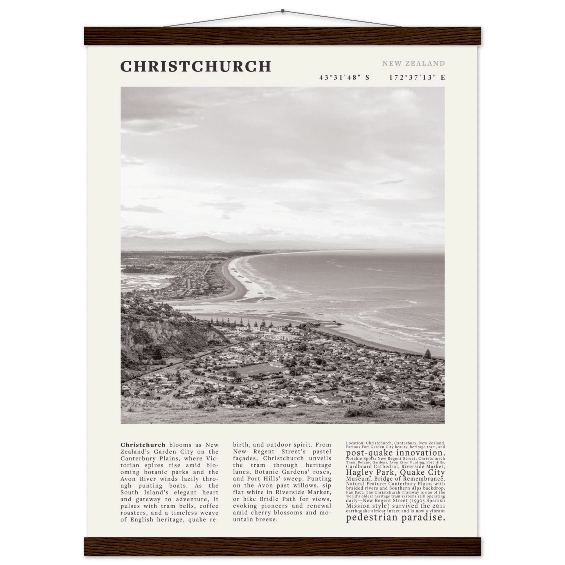 Christchurch New Zealand Poster Black and White – Vintage Garden City Panorama Print - Evergreen Posters