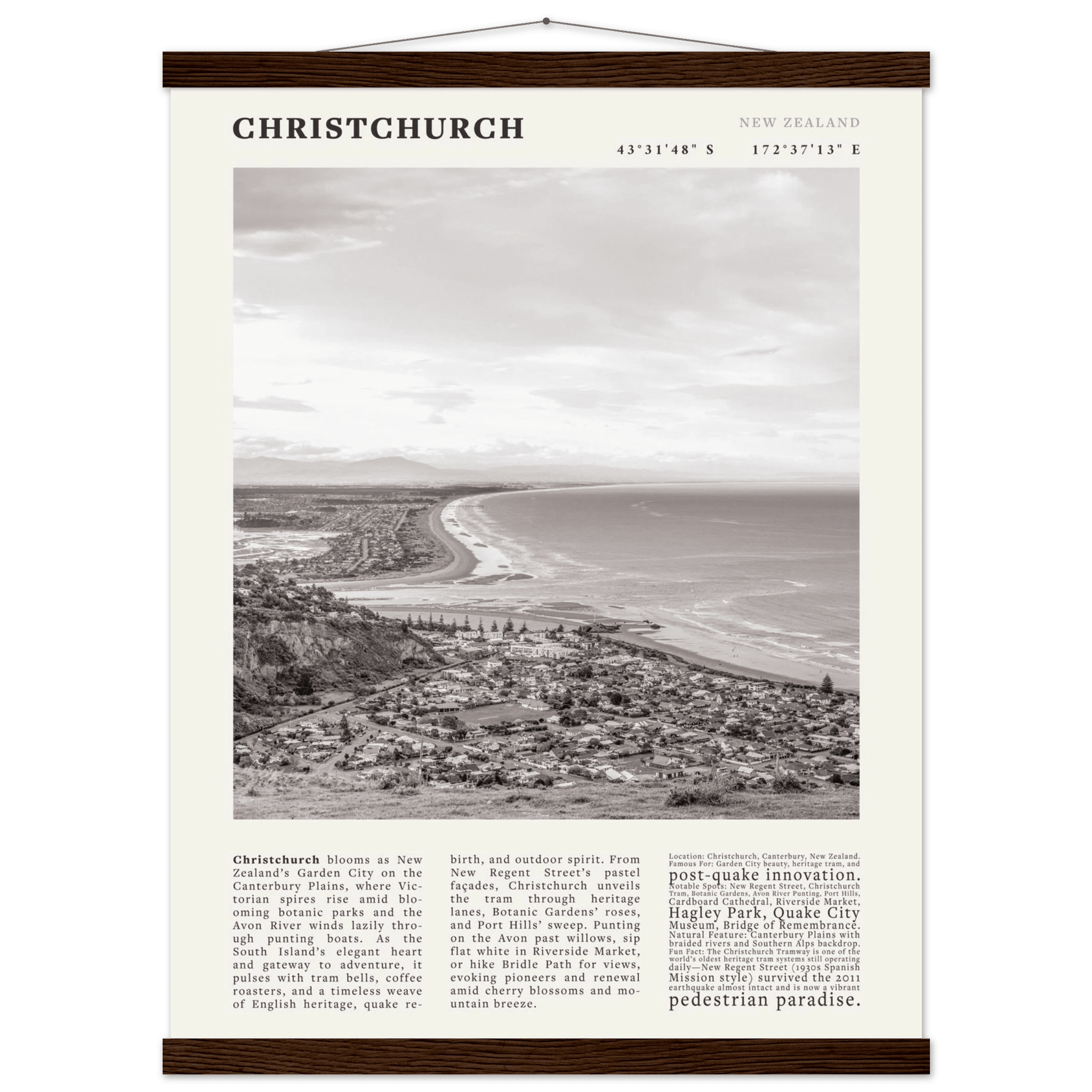Christchurch New Zealand Poster Black and White – Vintage Garden City Panorama Print - Evergreen Posters