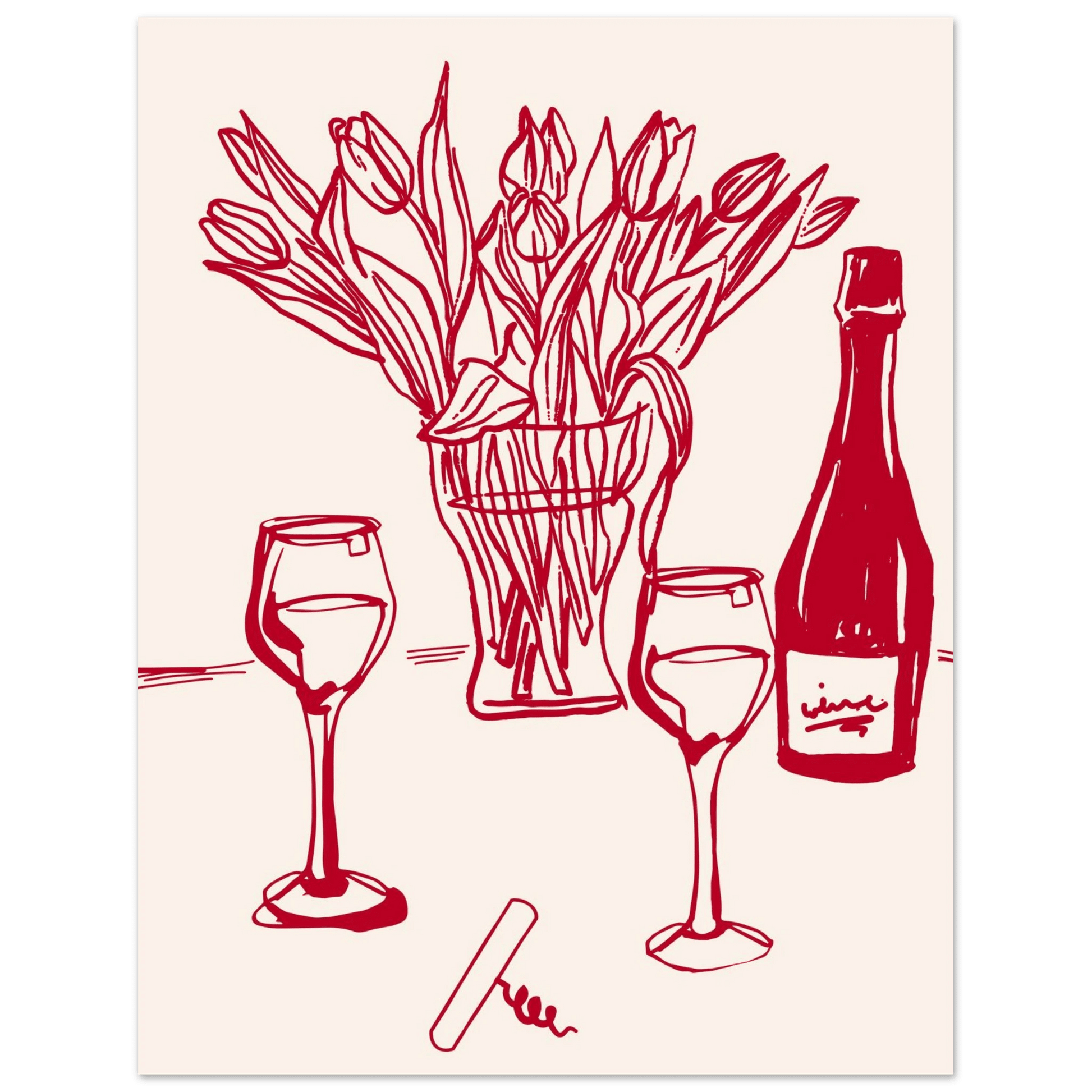 Red Wine & Tulips Print | Line Art Wine Bottle Wall Art | Kitchen Poster - Evergreen Posters