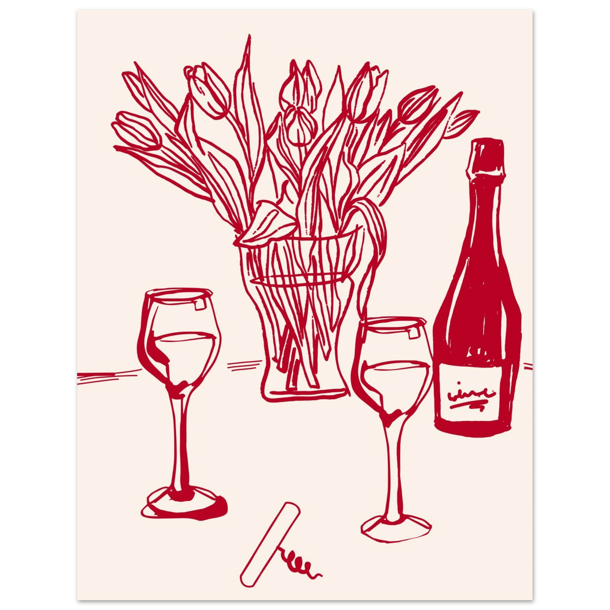 Red Wine & Tulips Print | Line Art Wine Bottle Wall Art | Kitchen Poster - Evergreen Posters