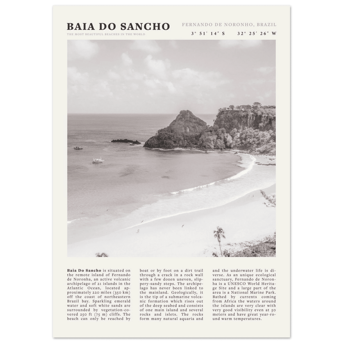 Baia Do Sancho Poster | Black & White Brazil Beach Wall Art | Fernando de Noronha - Evergreen Posters