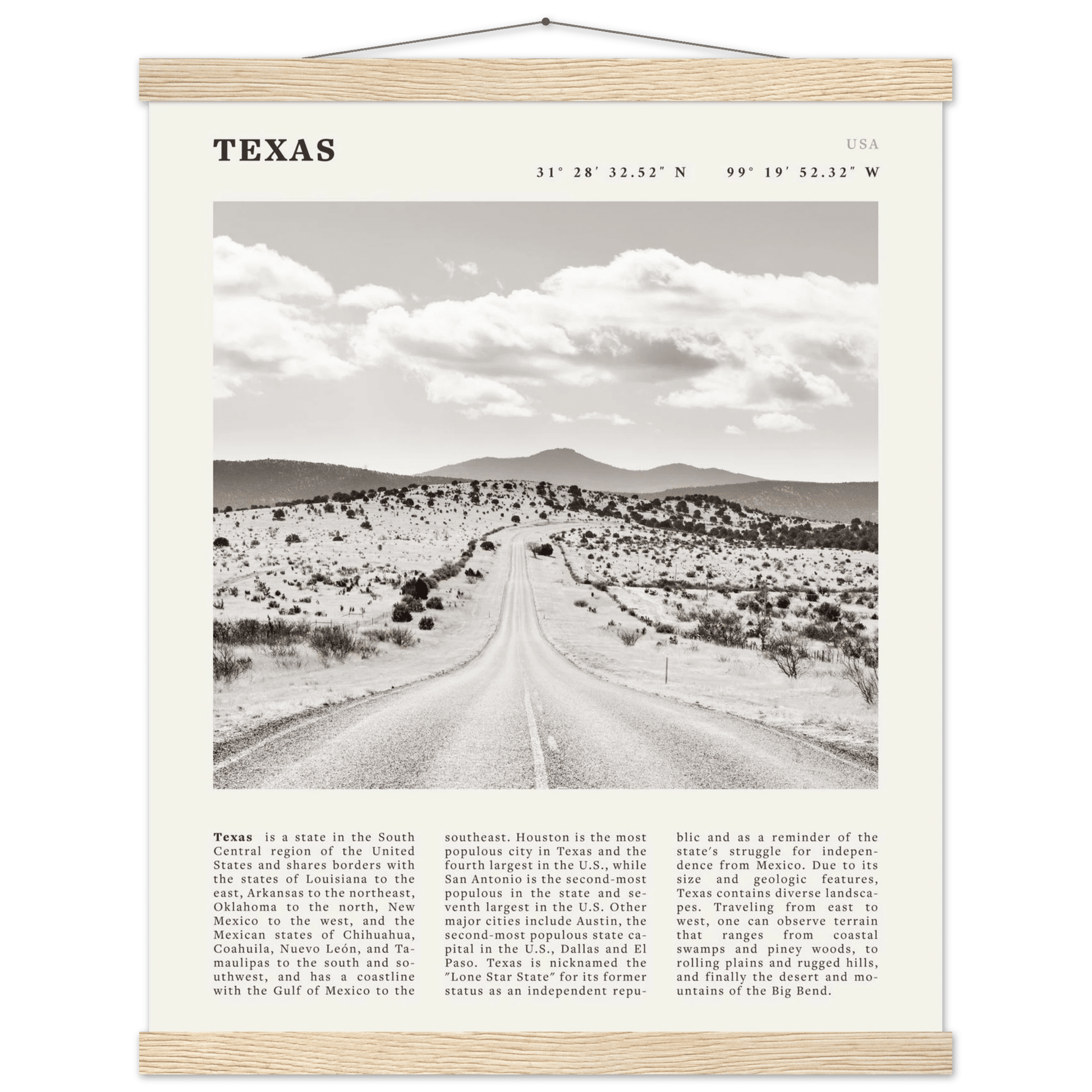 Texas Poster | Black & White Lone Star Road Wall Art | USA Travel Print Decor - Evergreen Posters