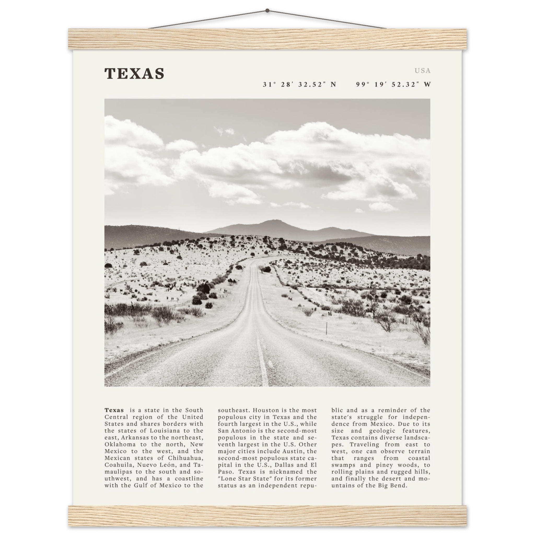 Texas Poster | Black & White Lone Star Road Wall Art | USA Travel Print Decor - Evergreen Posters