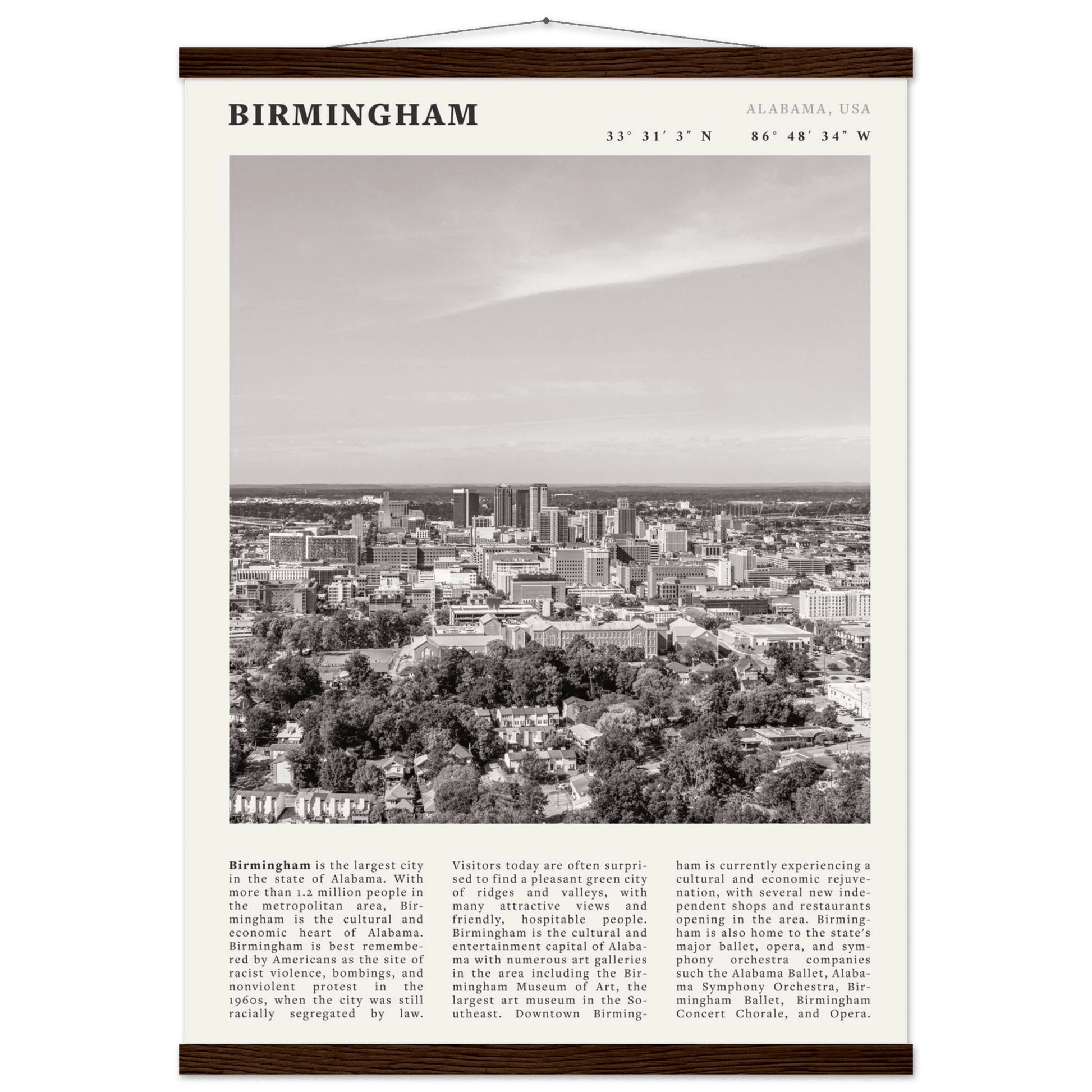 Birmingham Poster | Black & White Alabama Skyline Wall Art | AL Travel Print - Evergreen Posters