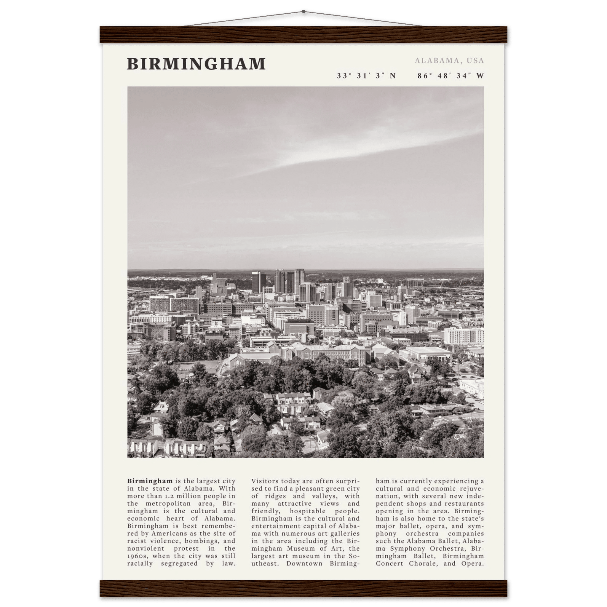 Birmingham Poster | Black & White Alabama Skyline Wall Art | AL Travel Print - Evergreen Posters