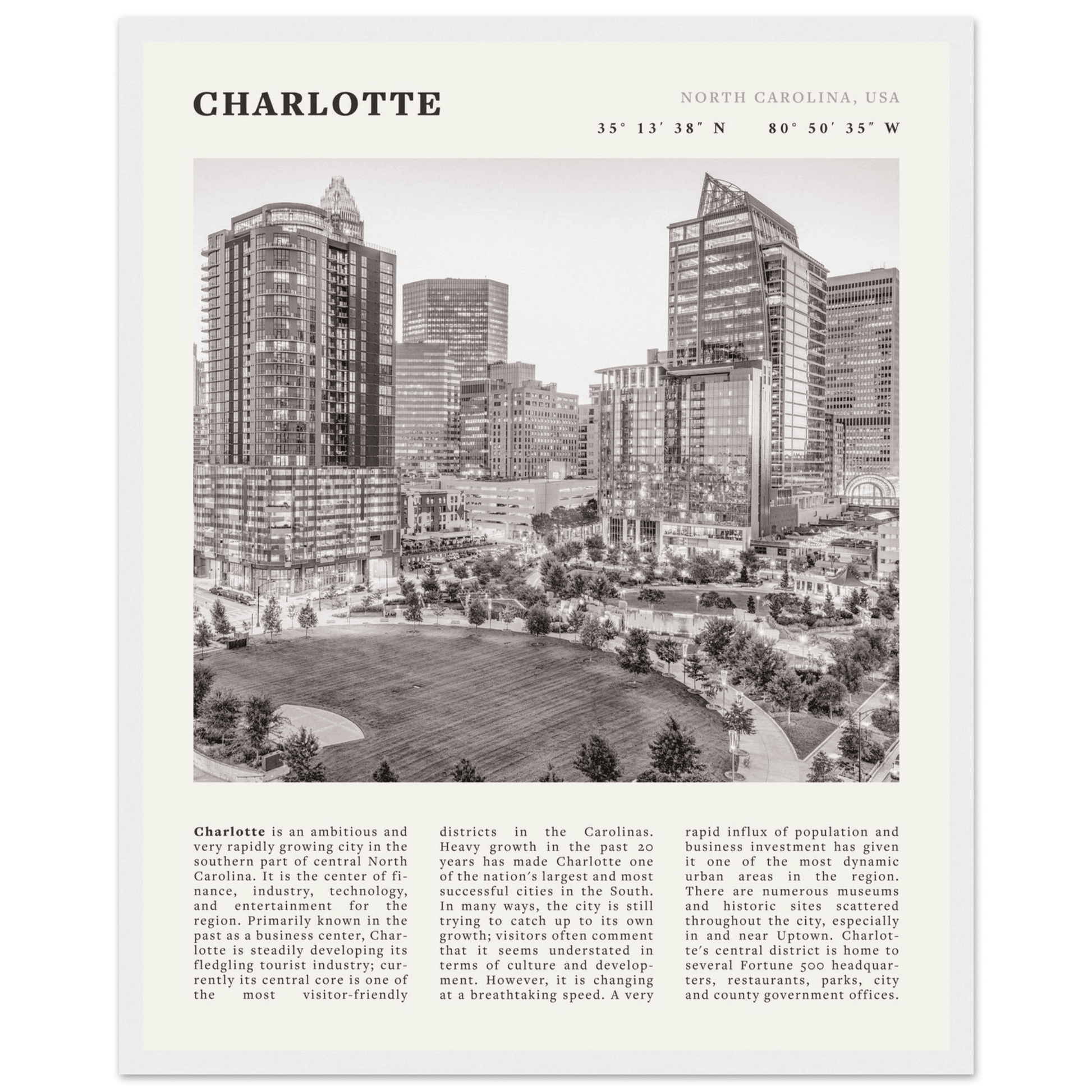Charlotte Poster | Black & White North Carolina Skyline Wall Art | NC Travel Print - Evergreen Posters