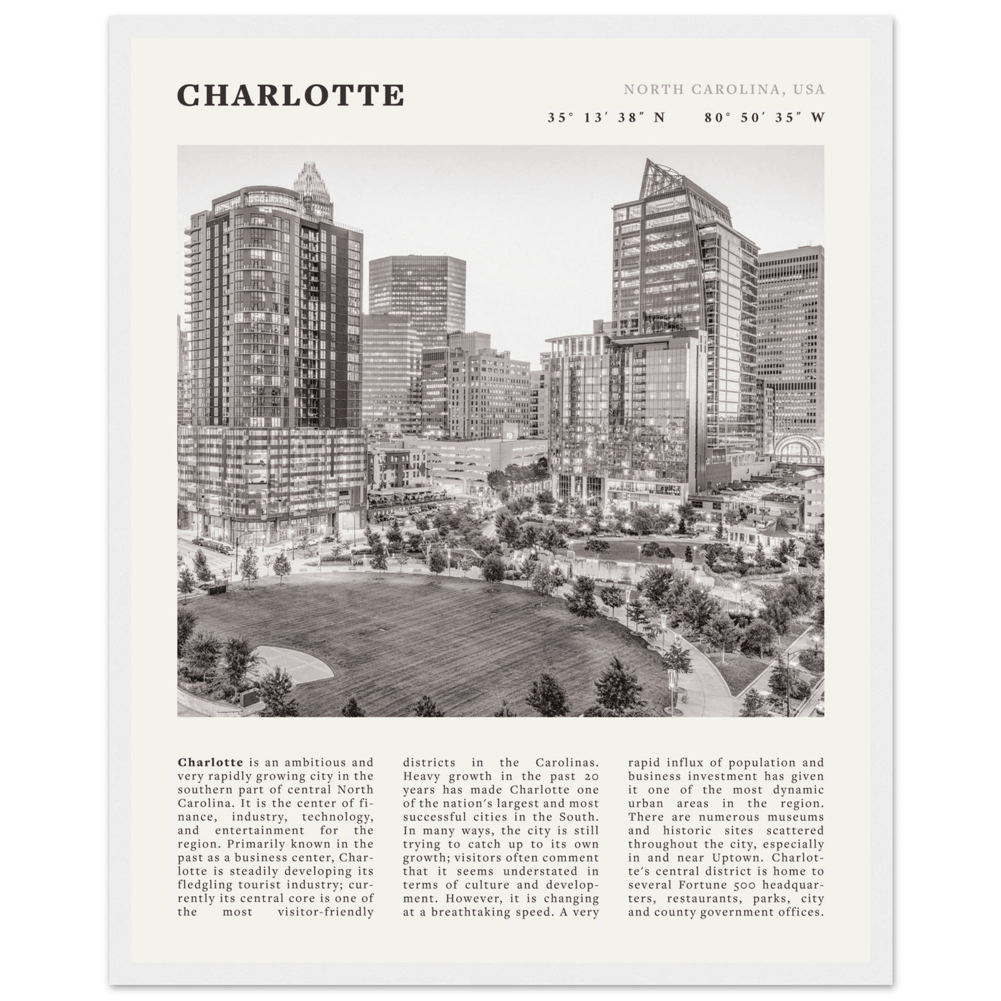 Charlotte Poster | Black & White North Carolina Skyline Wall Art | NC Travel Print - Evergreen Posters