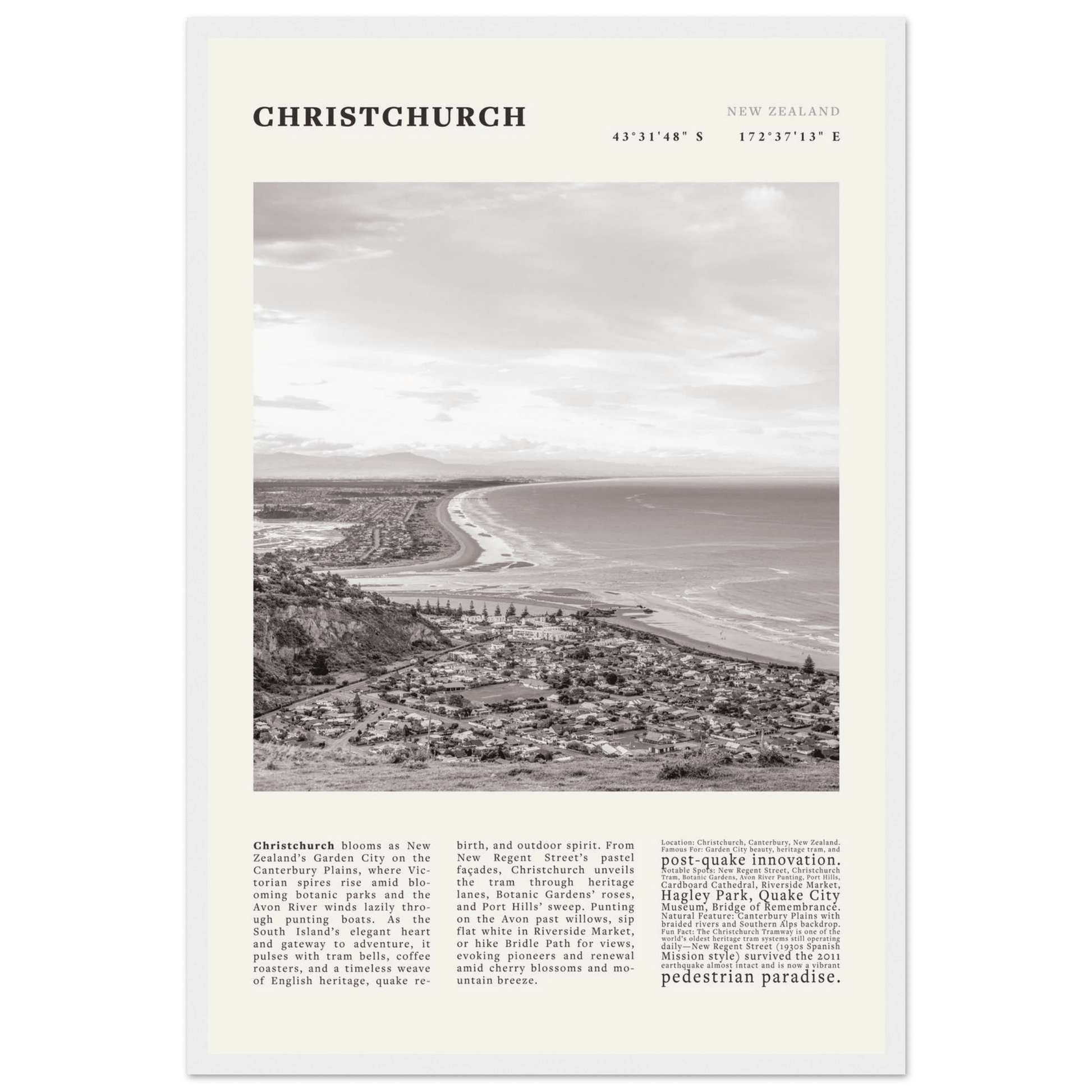 Christchurch New Zealand Poster Black and White – Vintage Garden City Panorama Print - Evergreen Posters